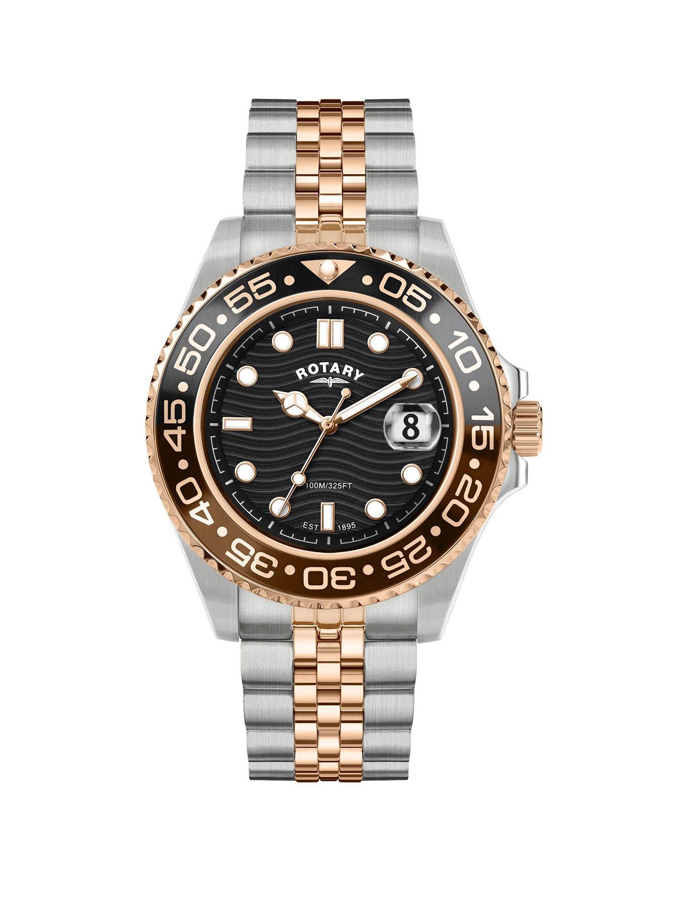 Rotary Rotary Men's Apex 100 Black Dial Silver  &  Rose Gold Plated Stainless Steel Bracelet Watch