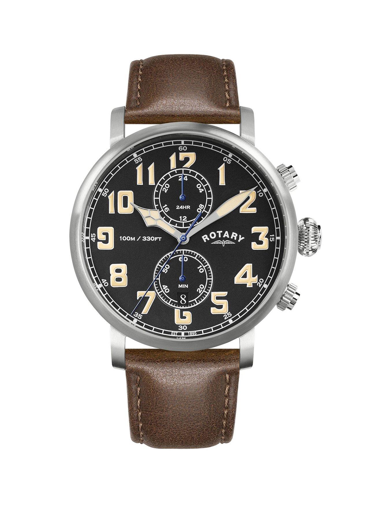 Rotary Men's Heritage Pilot 100M Water Resistance Stainless Steel Brown Leather Strap Watch