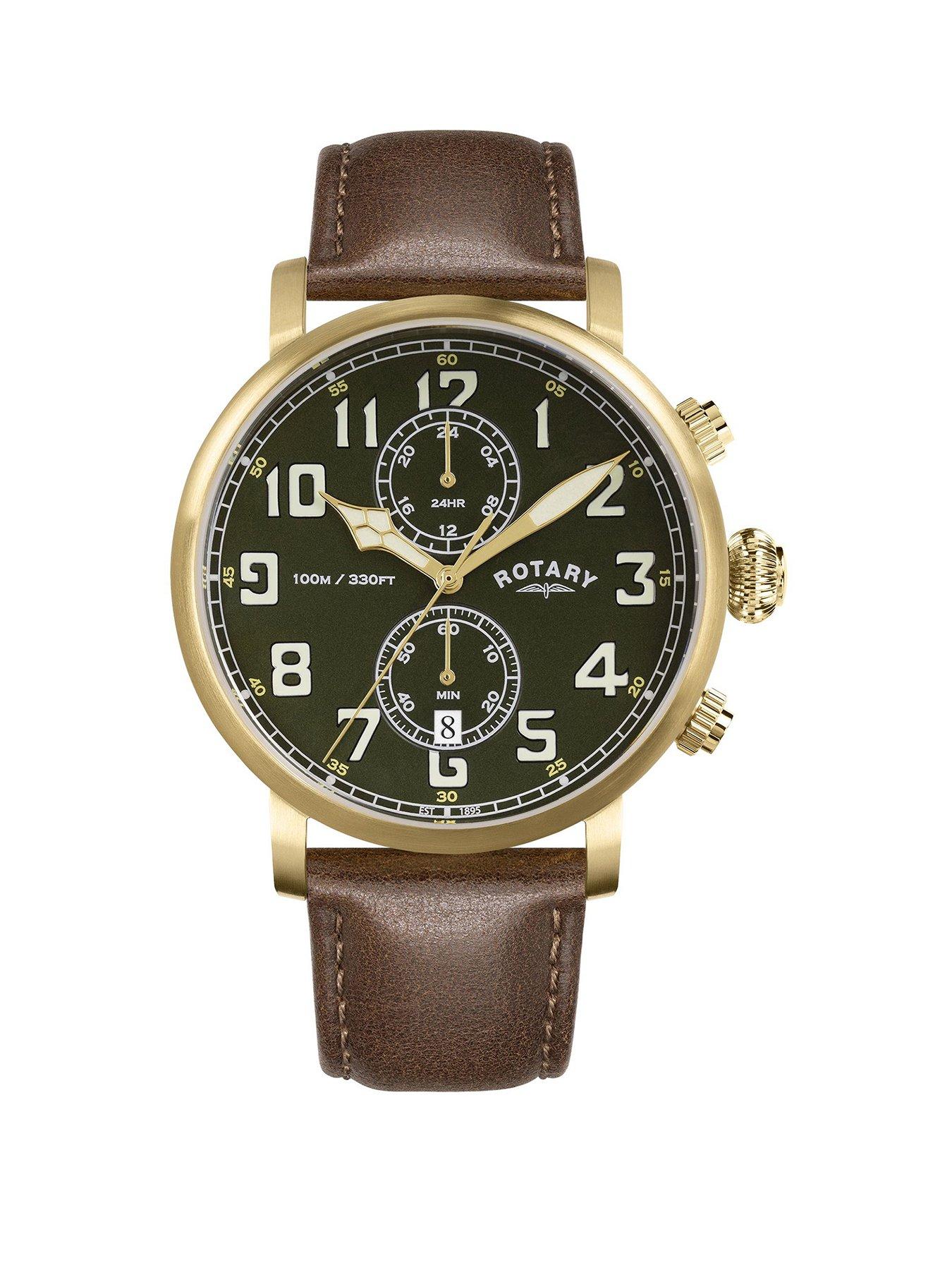 Rotary Men's Heritage Pilot 100M Water Resistance Gold Stainless Steel Brown Leather Strap Watch