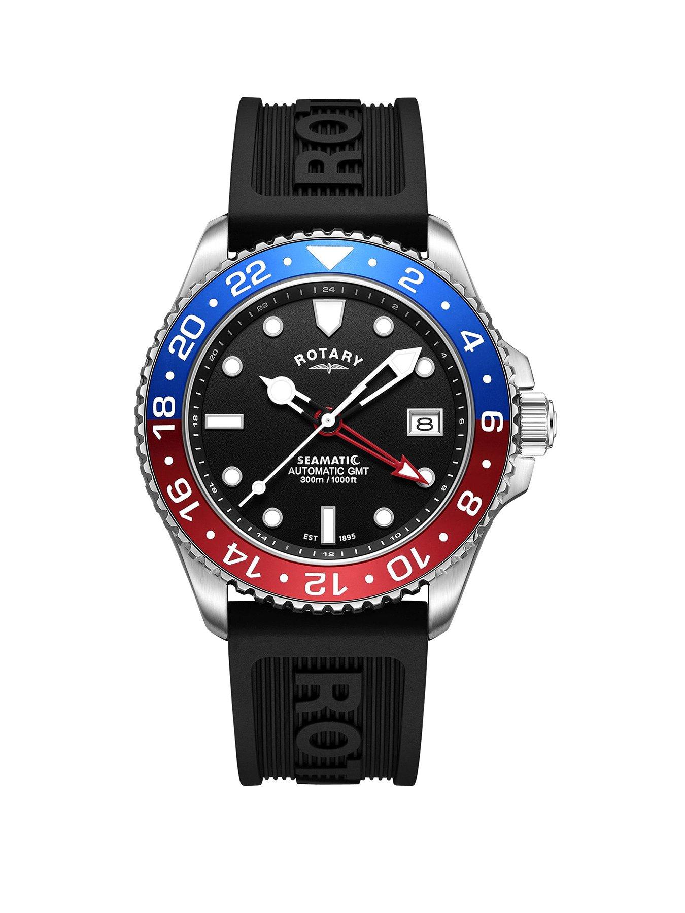 Rotary Men's Seamatic GMT 300M Water Resistance Stainless Steel Black Silicone Strap Watch