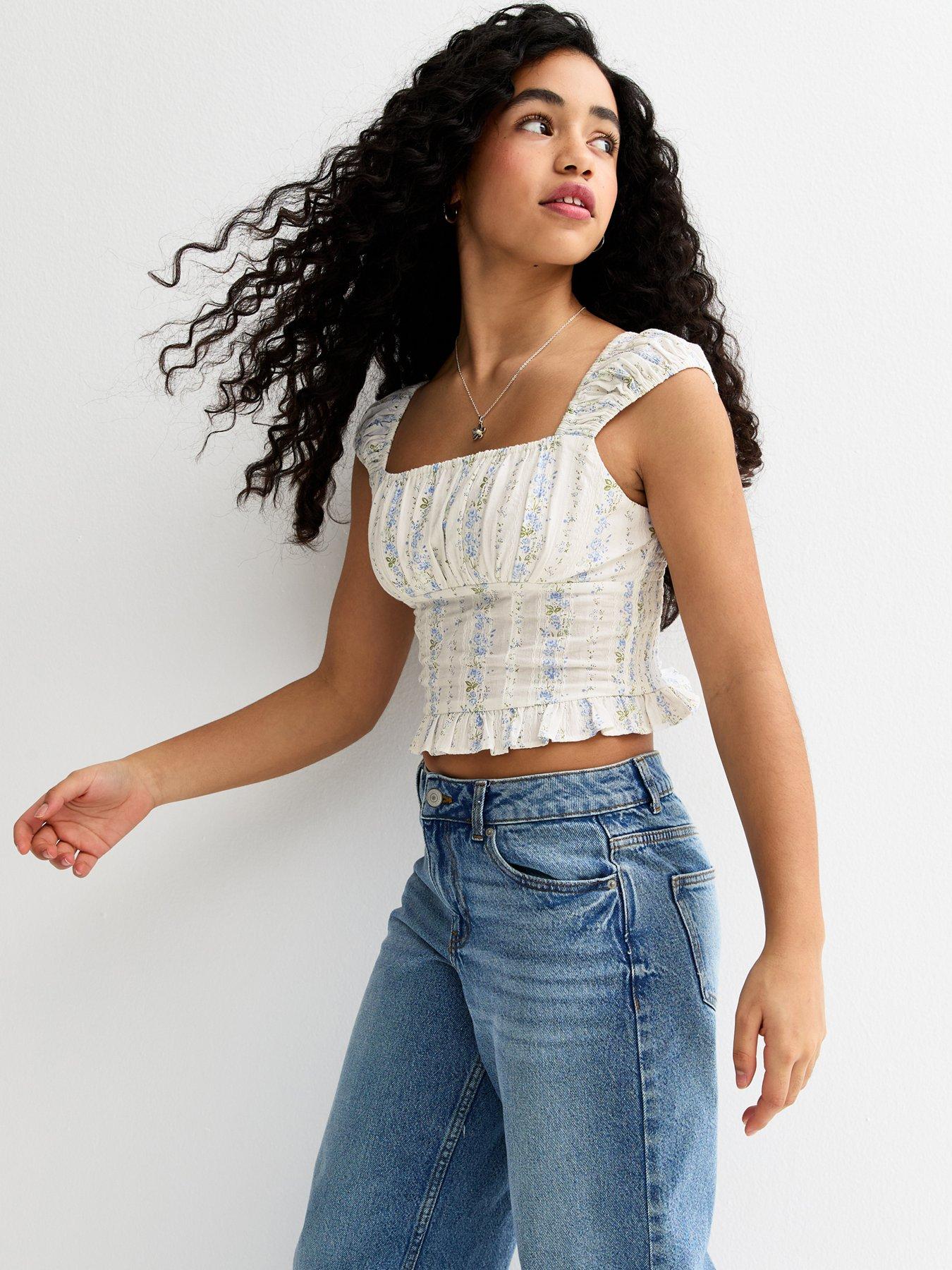 New Look 915 Girls White Floral Ruched Top