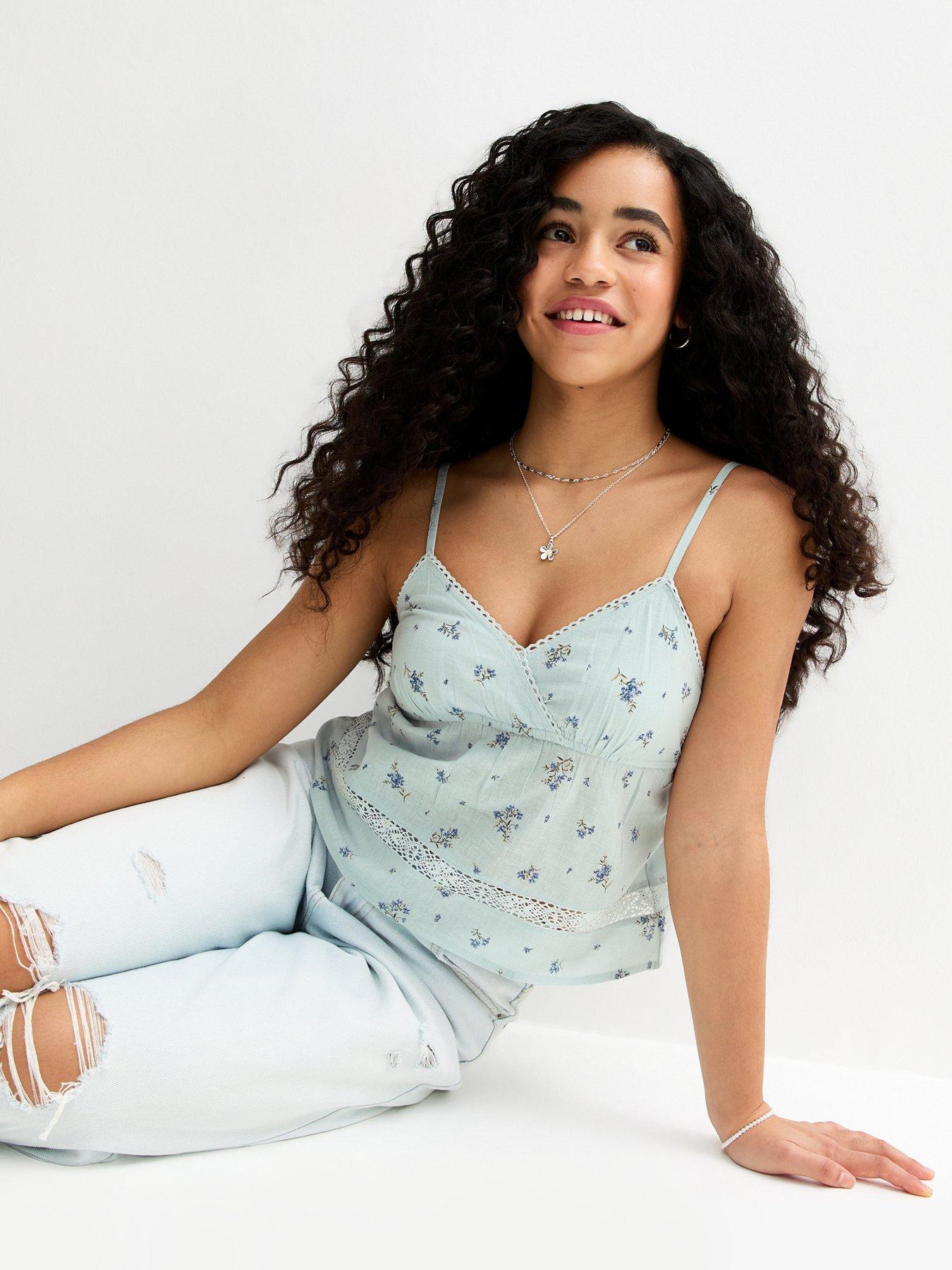 New Look 915 Girls Cotton Floral Babydoll Cami Top - Blue