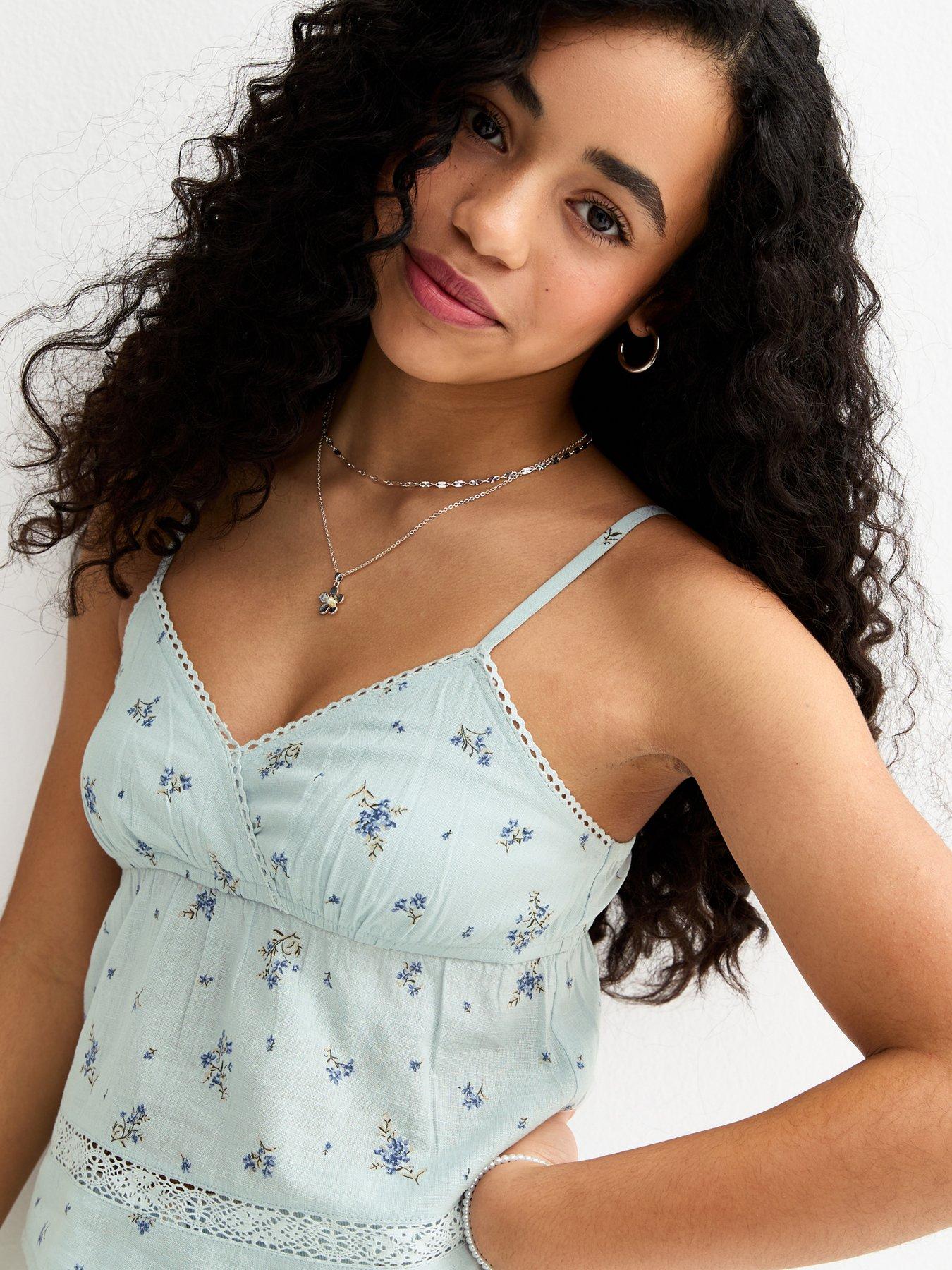 Image 4 of 5 of New Look 915 Girls Cotton Floral Babydoll Cami Top - Blue