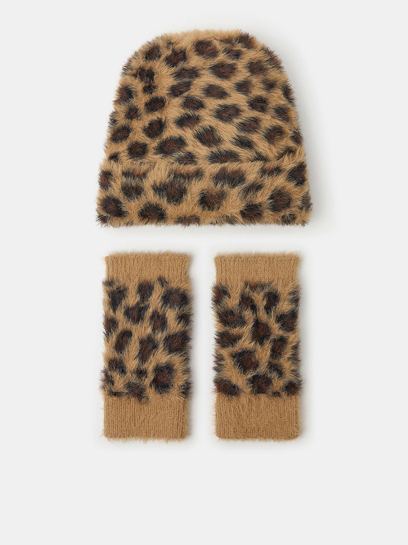 Image 1 of 4 of Accessorize Leopard Print Beanie Hat &amp; Gloves Set - Mutli