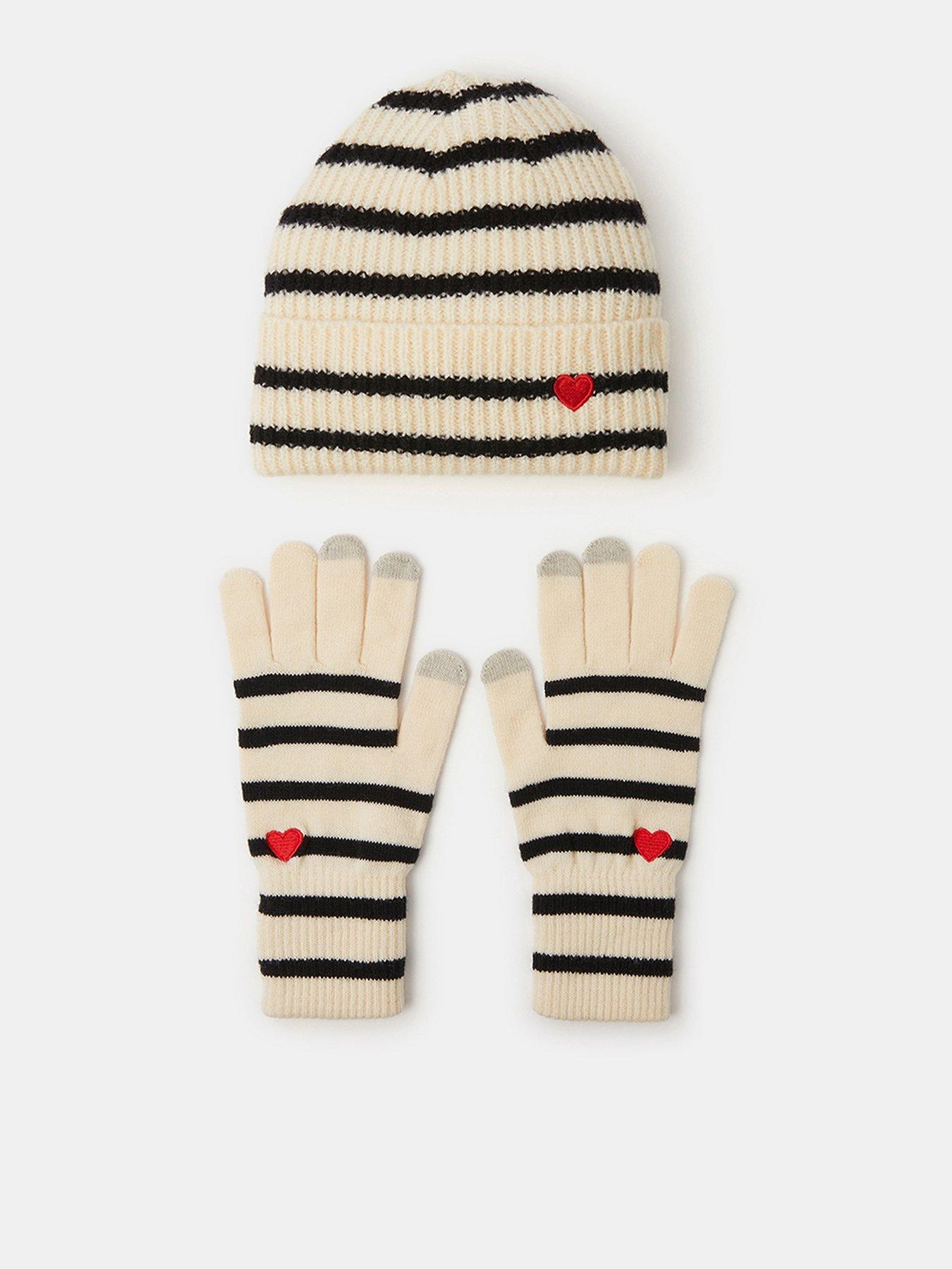 Image 1 of 4 of Accessorize Stripe Heart Beanie Hat &amp; Gloves Set - Multi