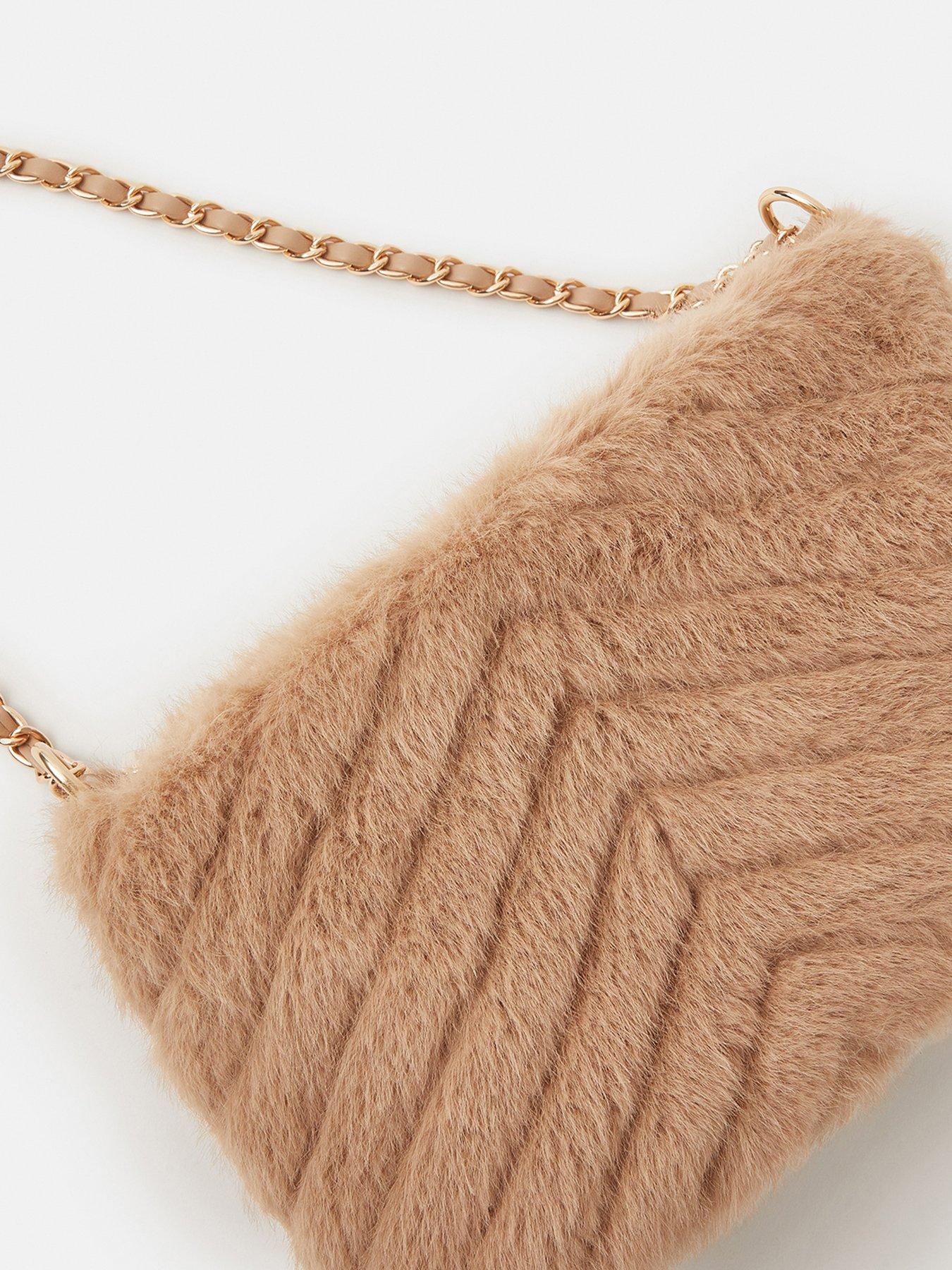 Image 4 of 5 of Accessorize Faux Fur Chain Shoulder Bag - Natural