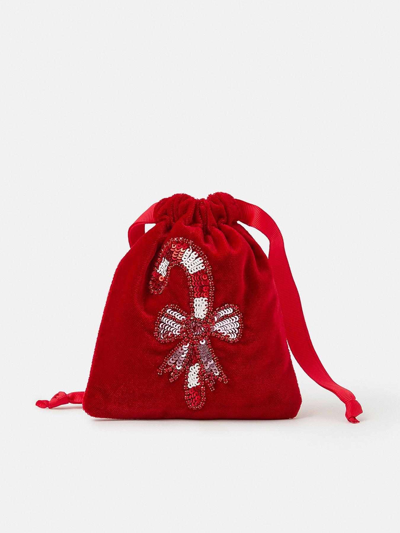 Accessorize Candy Cane Velvet Drawstring Pouch - Red