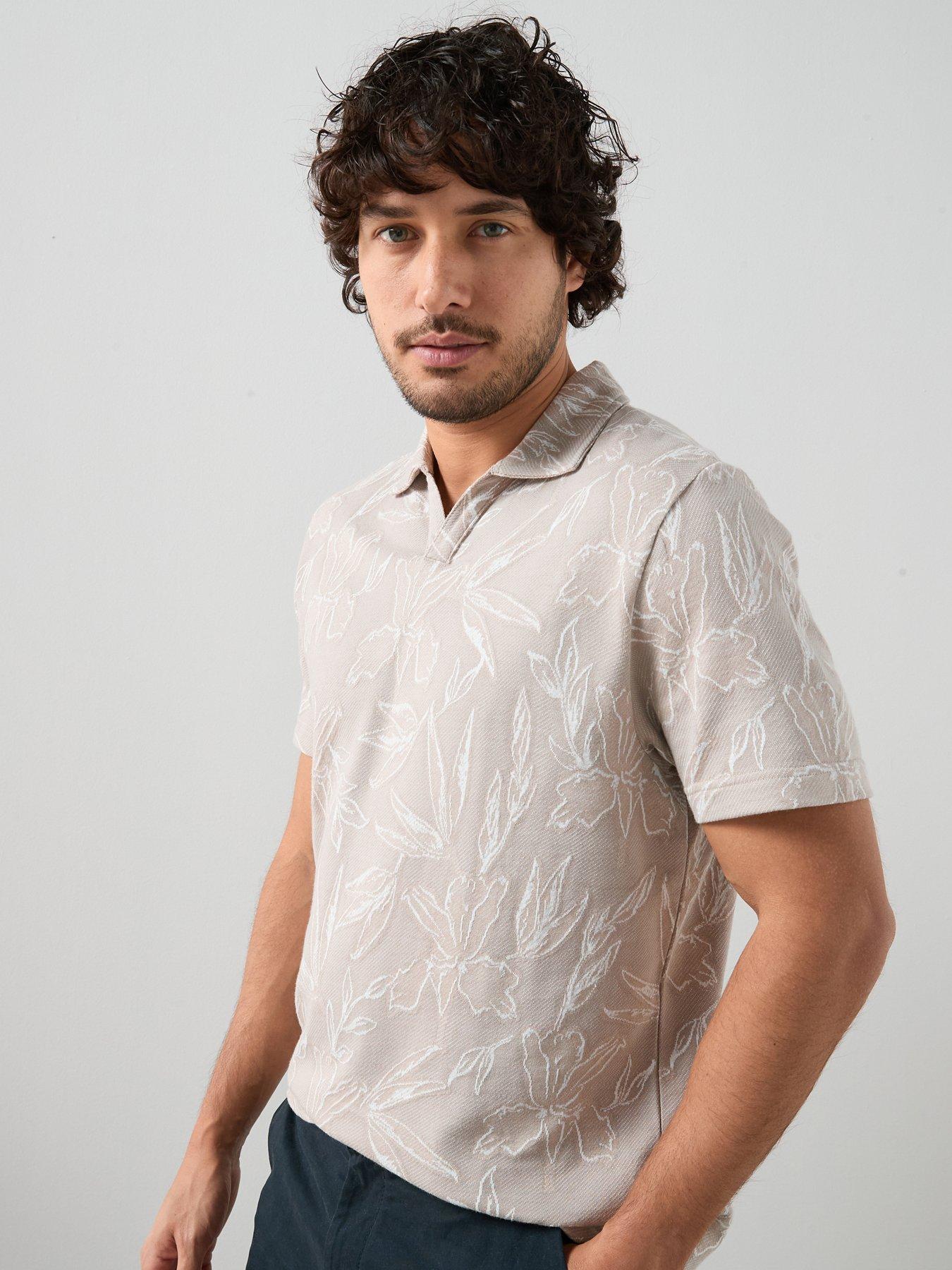The Very Collection Pure Cotton Jacquard Floral Trophy Neck Polo - Mushroom