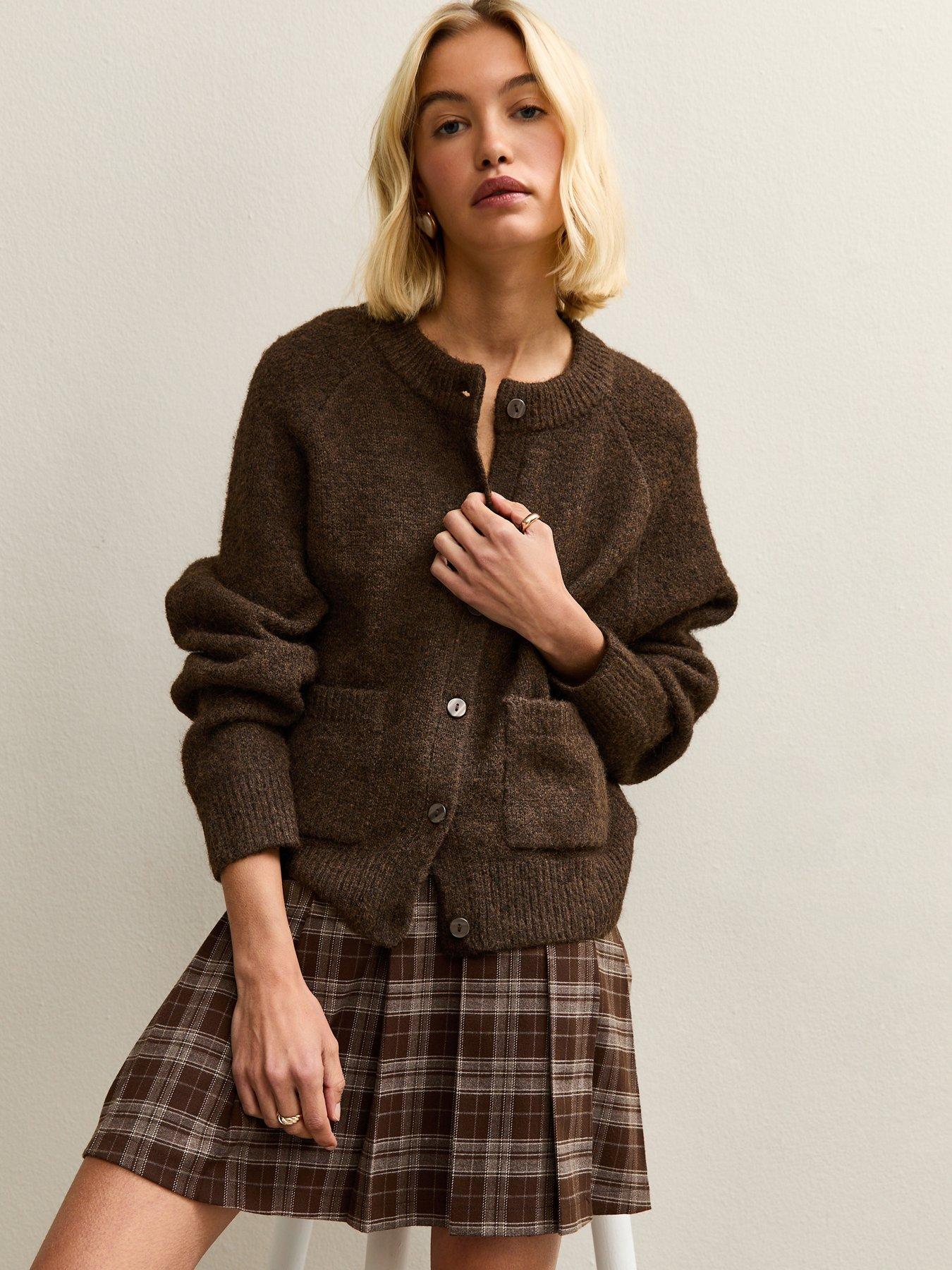 New Look Double Pocket Textured Knit Cardigan - Dark Brown