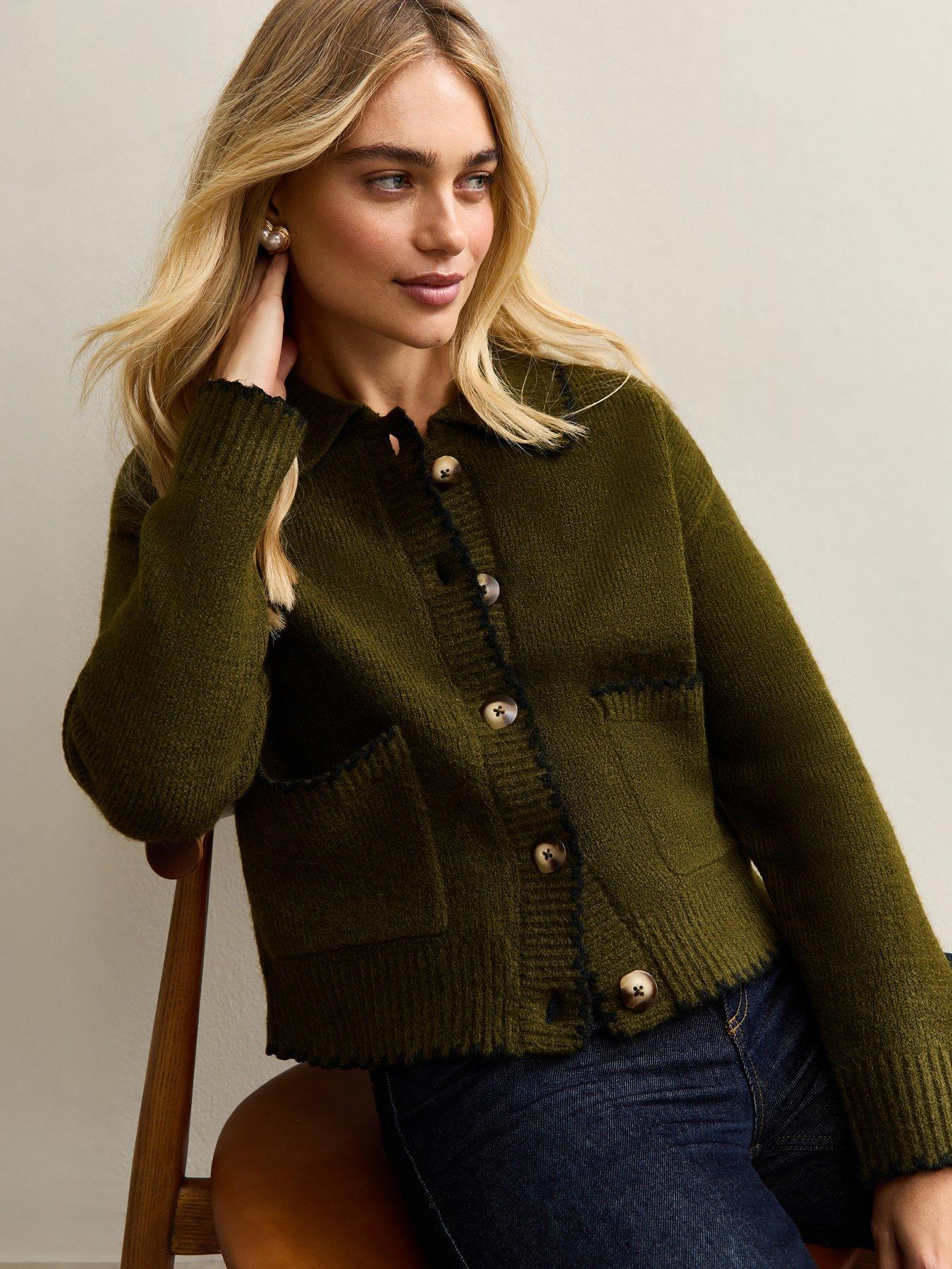 New Look Blanket Stitch Collared Cardigan - Khaki Green