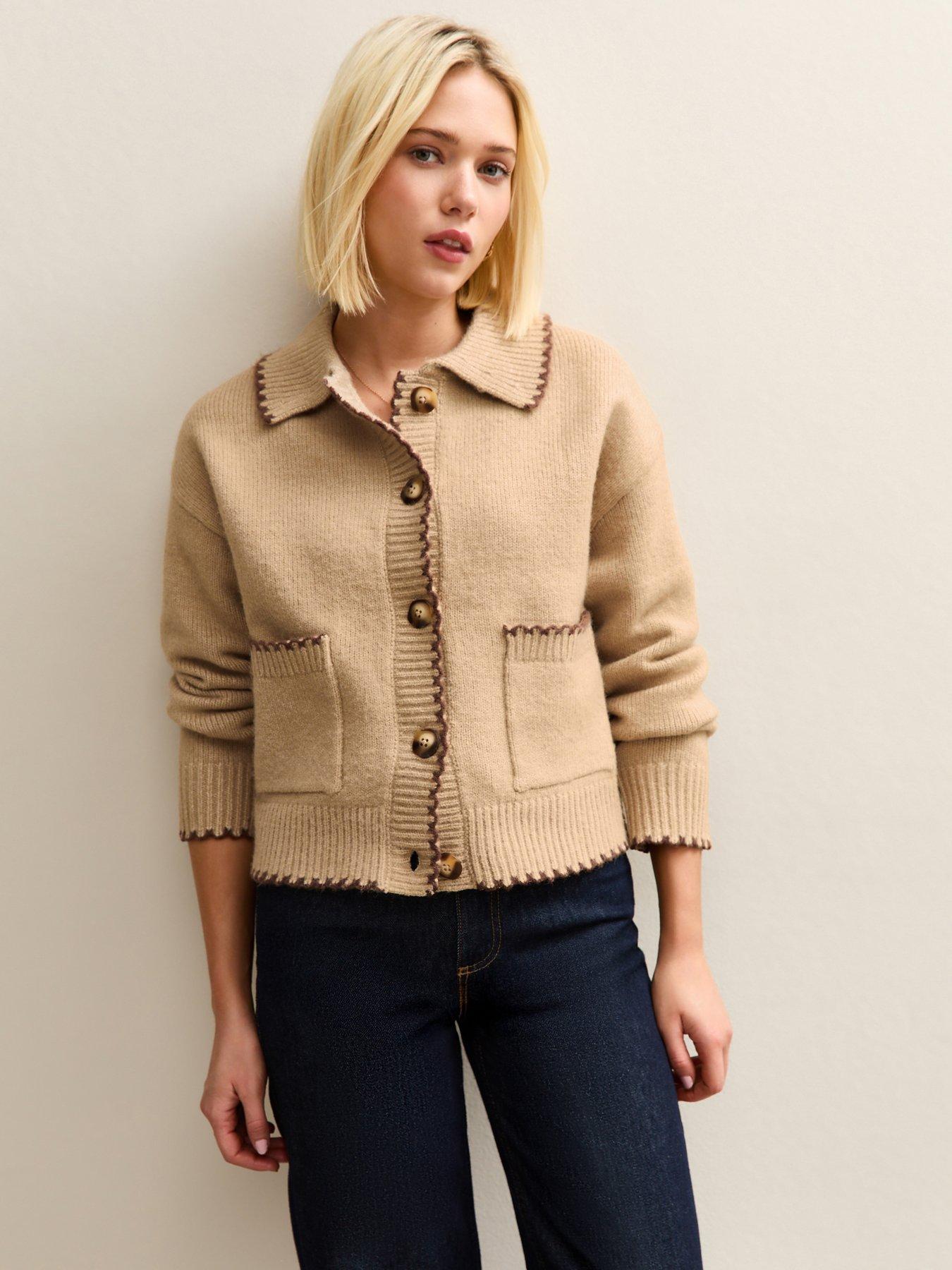 New Look Blanket Stitch Collared Cardigan - Brown