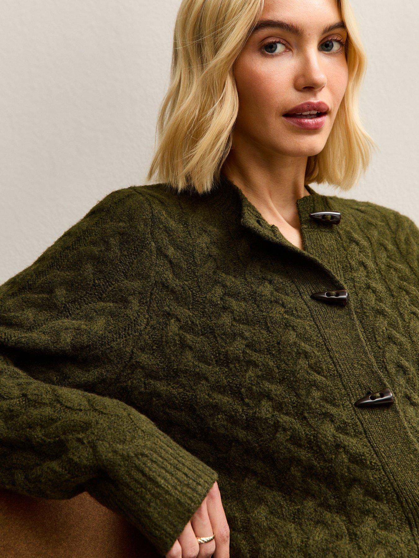  image of new-look-cable-knit-toggle-fastening-cardigan-khaki