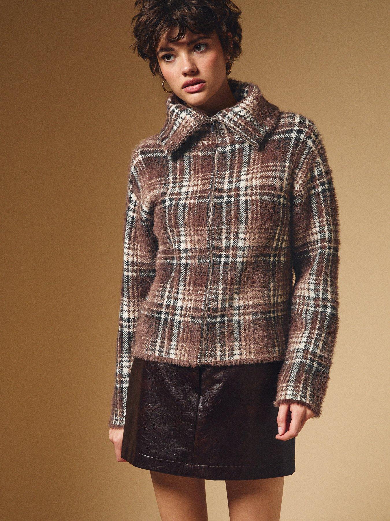 New Look Fluffy Check Zip Cardigan - Brown