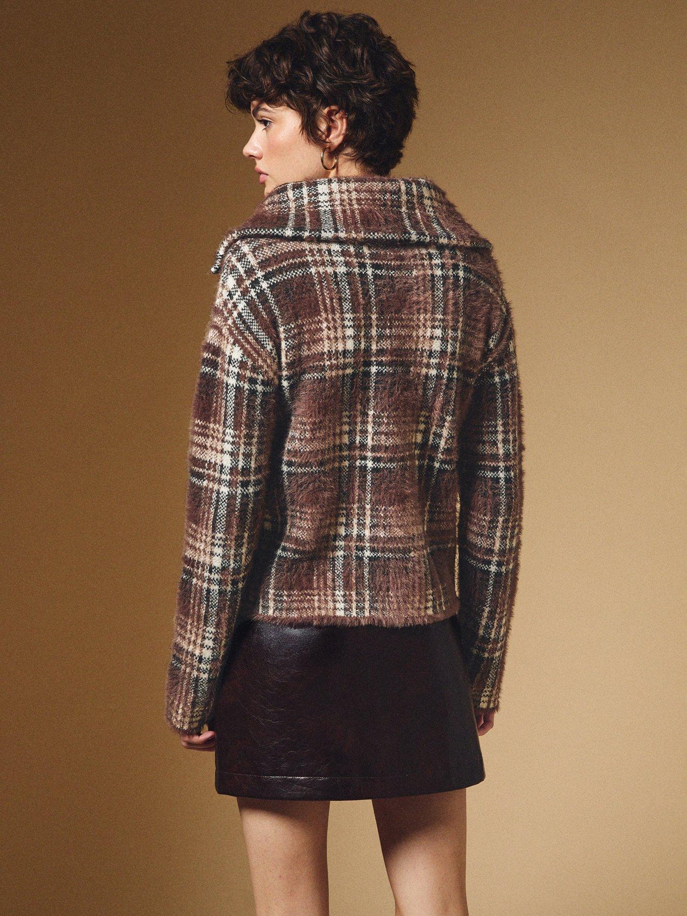  image of new-look-fluffy-check-zip-cardigan-brown