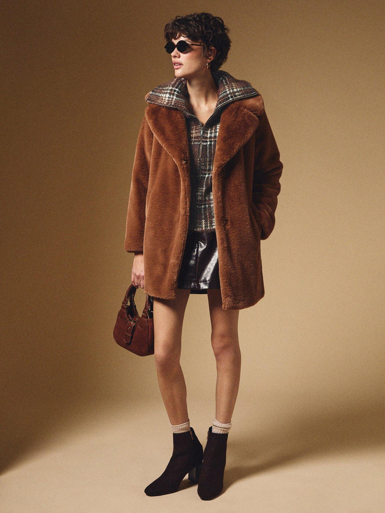  image of new-look-fluffy-check-zip-cardigan-brown