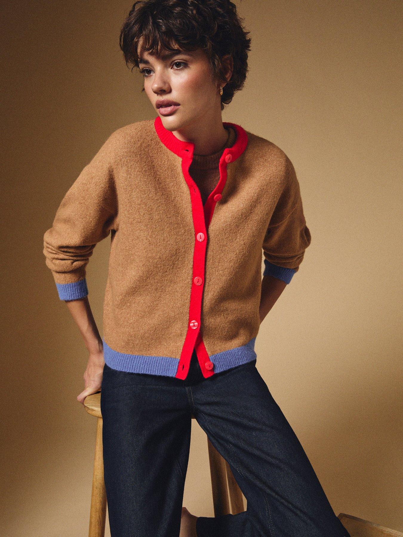 New Look Colour Block Cardigan - Camel/Red and Blue Trim