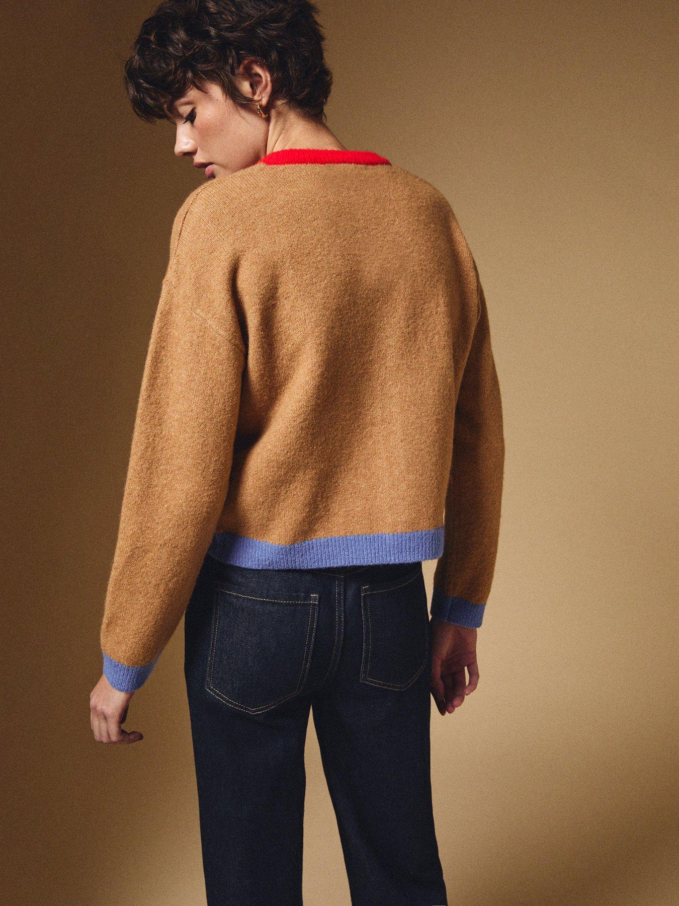 Image 2 of 5 of New Look Colour Block Cardigan - Camel/Red and Blue Trim