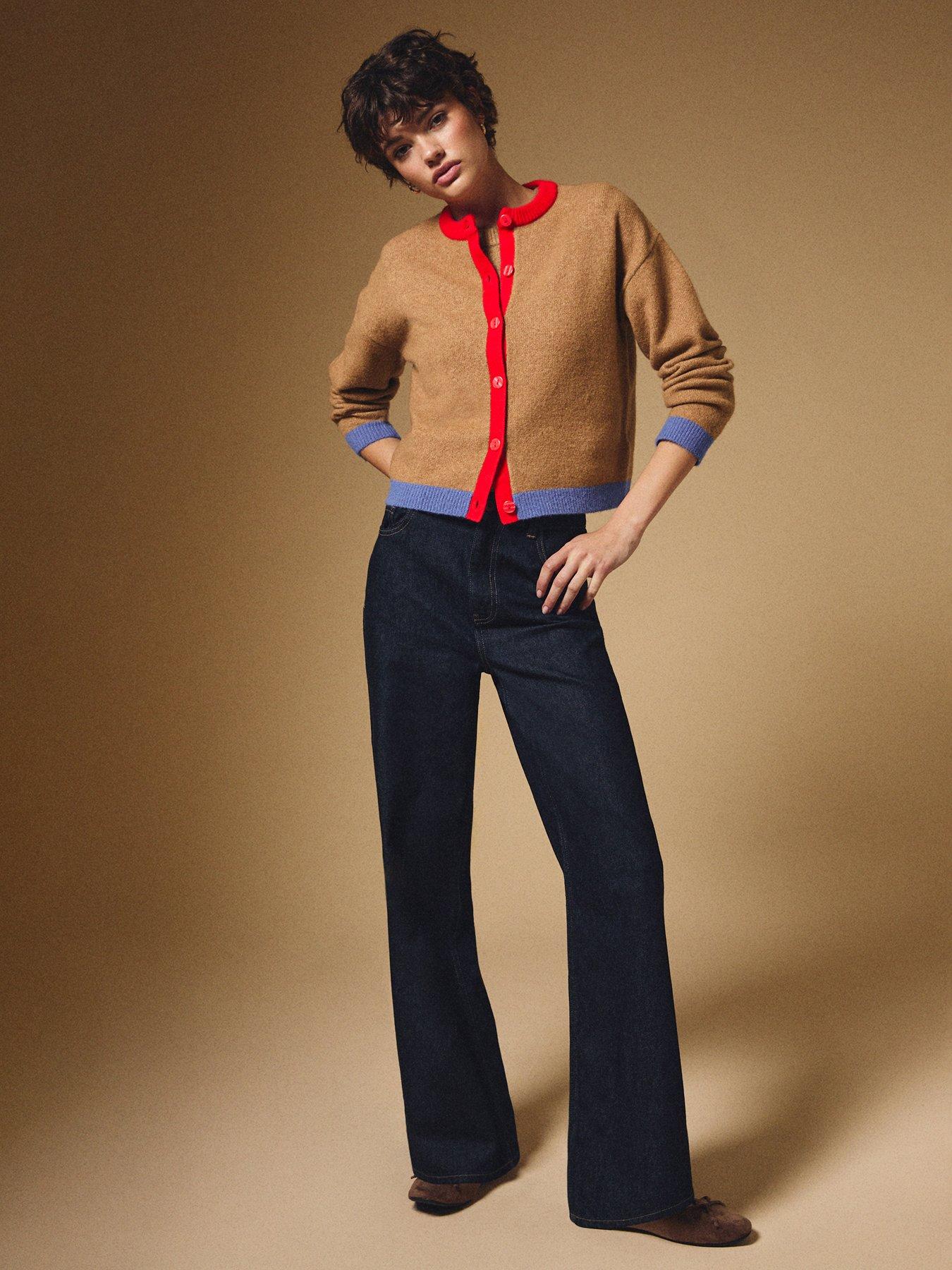 Image 3 of 5 of New Look Colour Block Cardigan - Camel/Red and Blue Trim