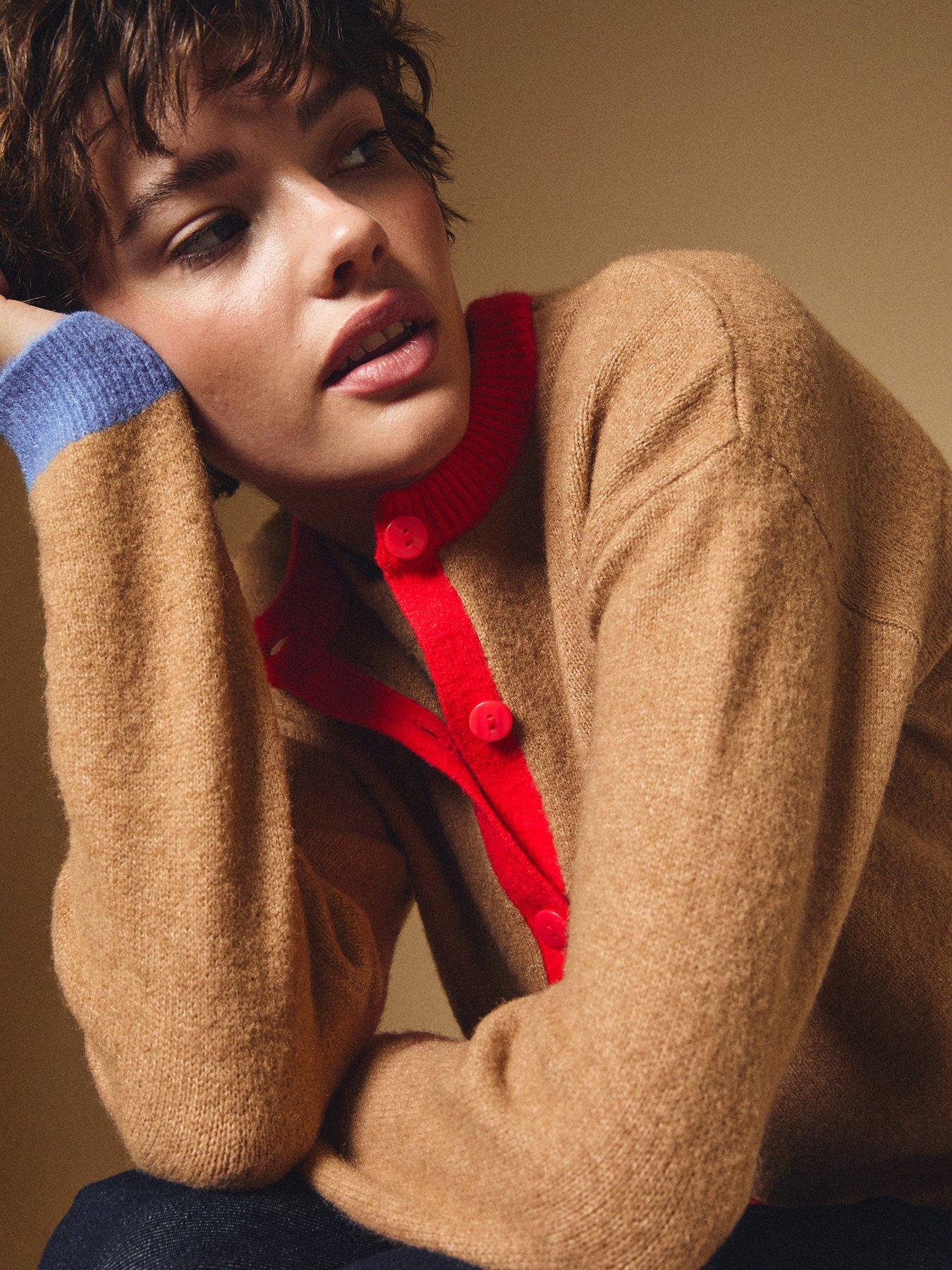 Image 4 of 5 of New Look Colour Block Cardigan - Camel/Red and Blue Trim