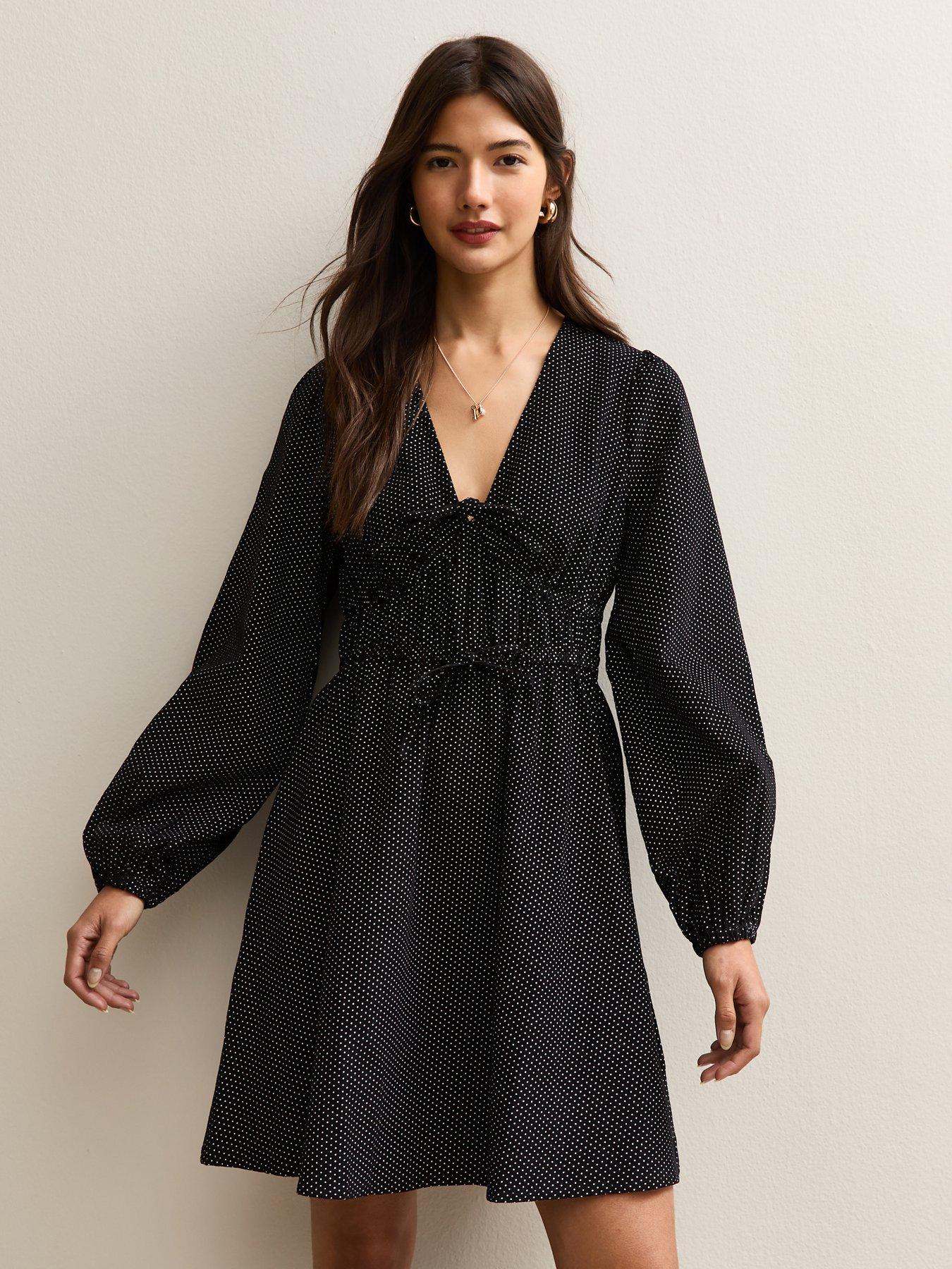Image 1 of 5 of New Look Polka Dot Front Tie Mini Dress - Black
