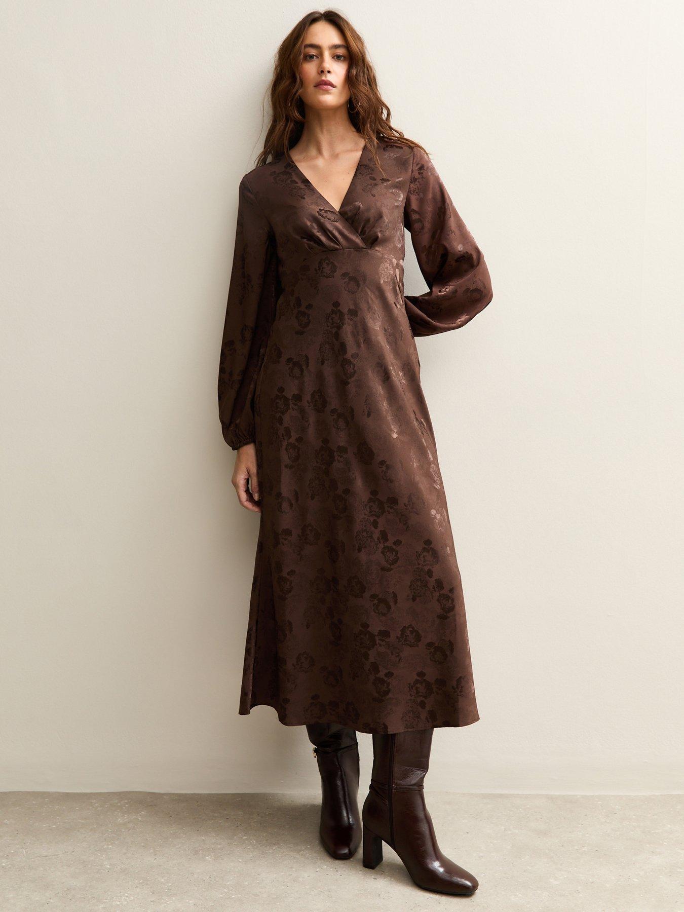  image of new-look-floral-jacquard-midi-dress-dark-brown