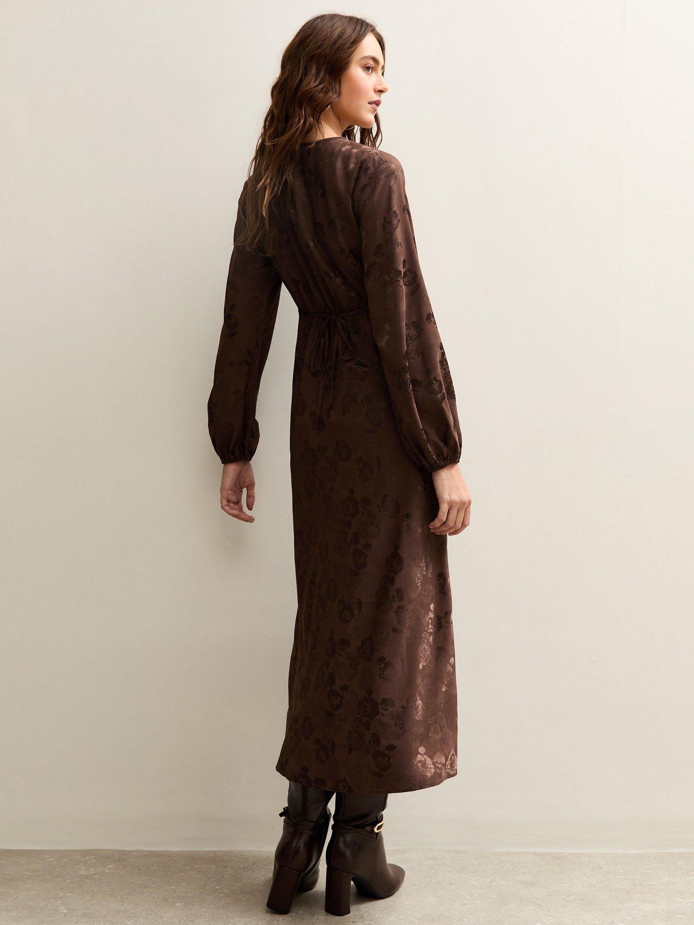 image of new-look-floral-jacquard-midi-dress-dark-brown