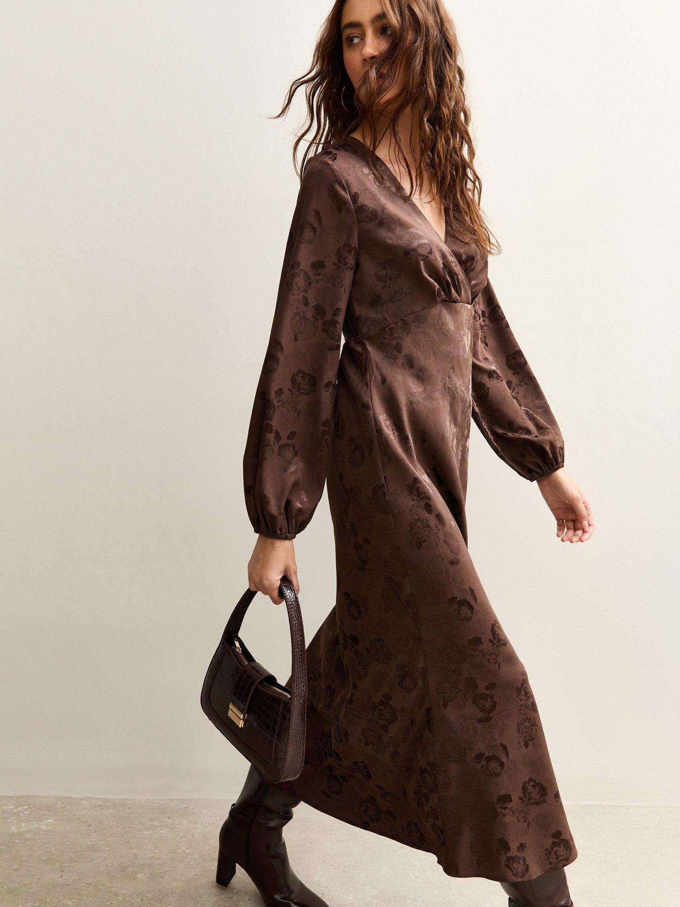  image of new-look-floral-jacquard-midi-dress-dark-brown