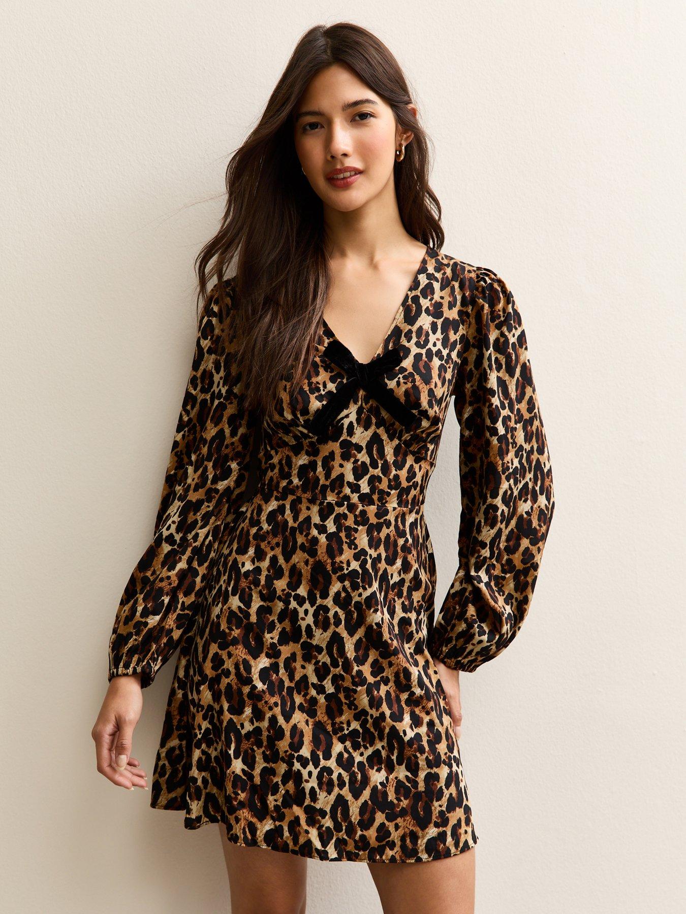  image of new-look-animal-print-velvet-bow-mini-dress-brown