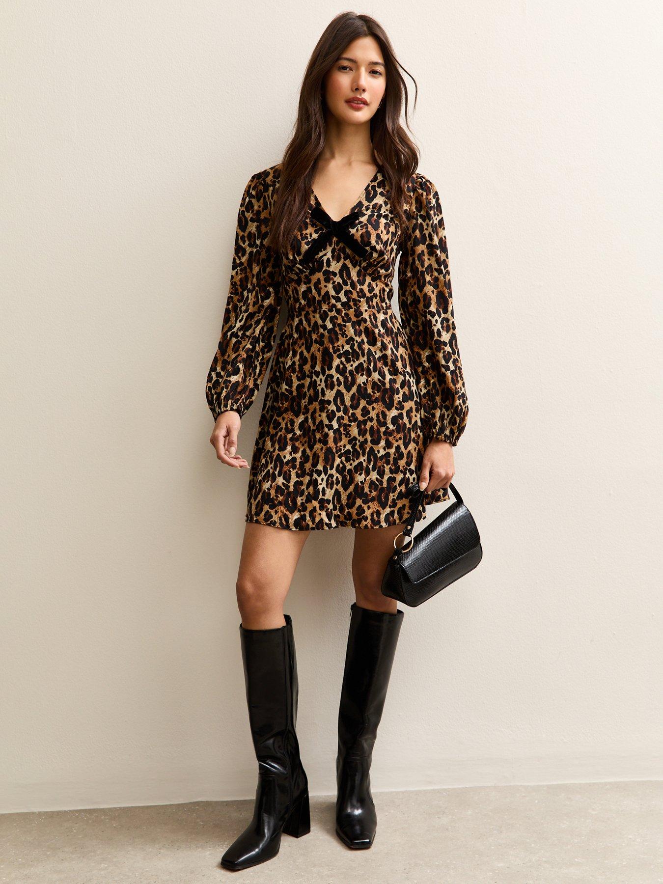  image of new-look-animal-print-velvet-bow-mini-dress-brown
