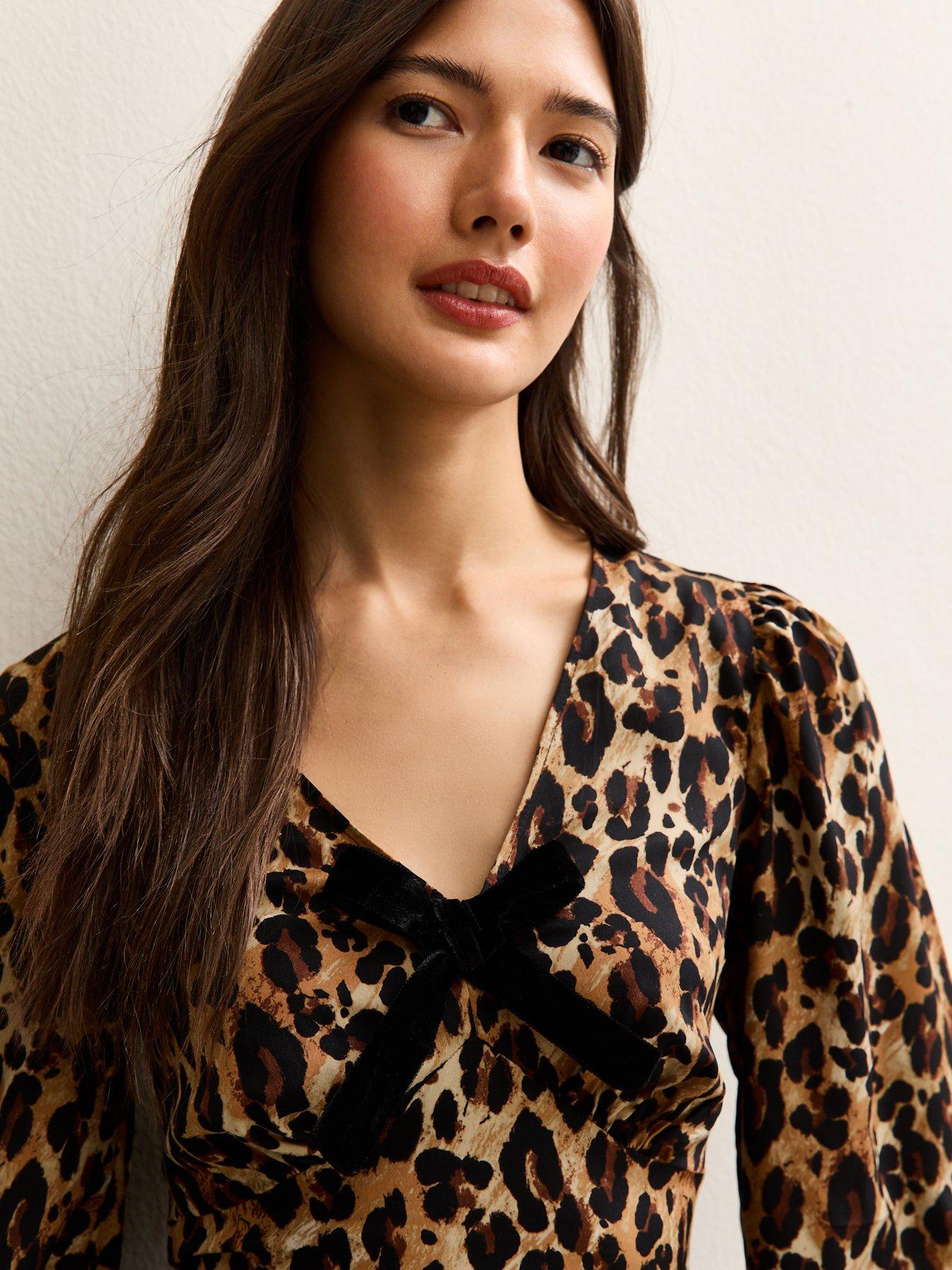  image of new-look-animal-print-velvet-bow-mini-dress-brown