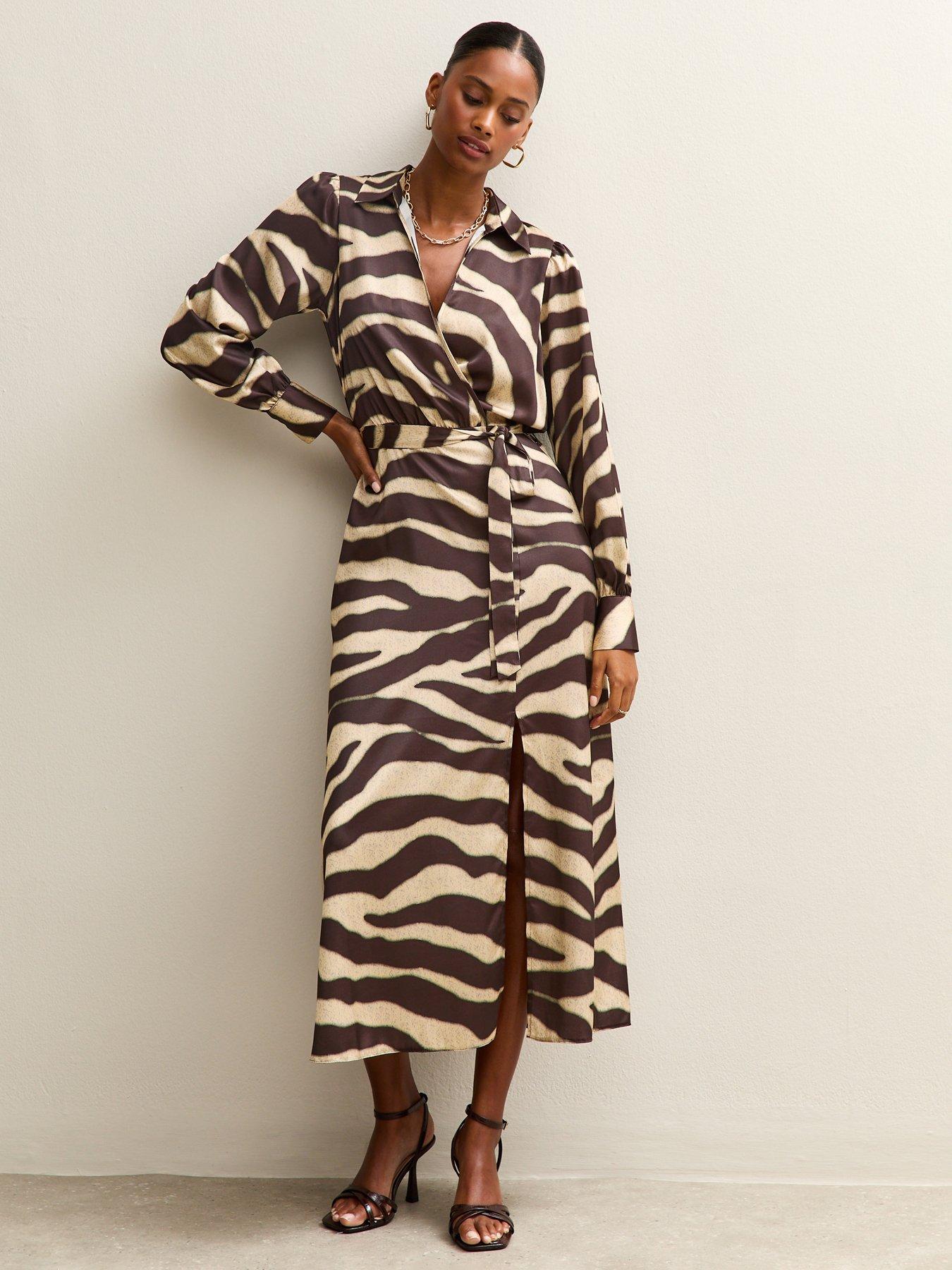 New Look Zebra Print Satin Wrap Midi Dress - Brown