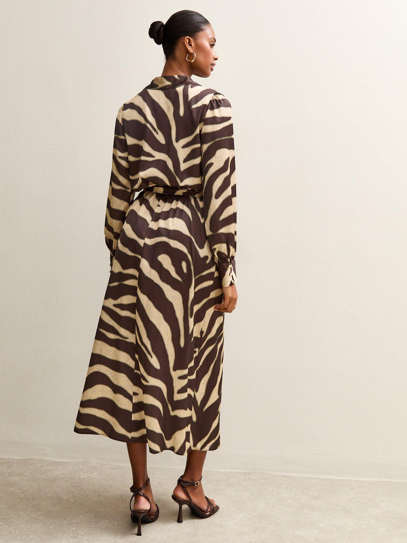  image of new-look-zebra-print-satin-wrap-midi-dress-brown