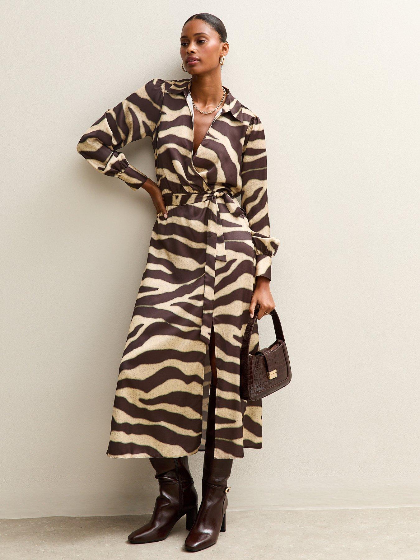  image of new-look-zebra-print-satin-wrap-midi-dress-brown