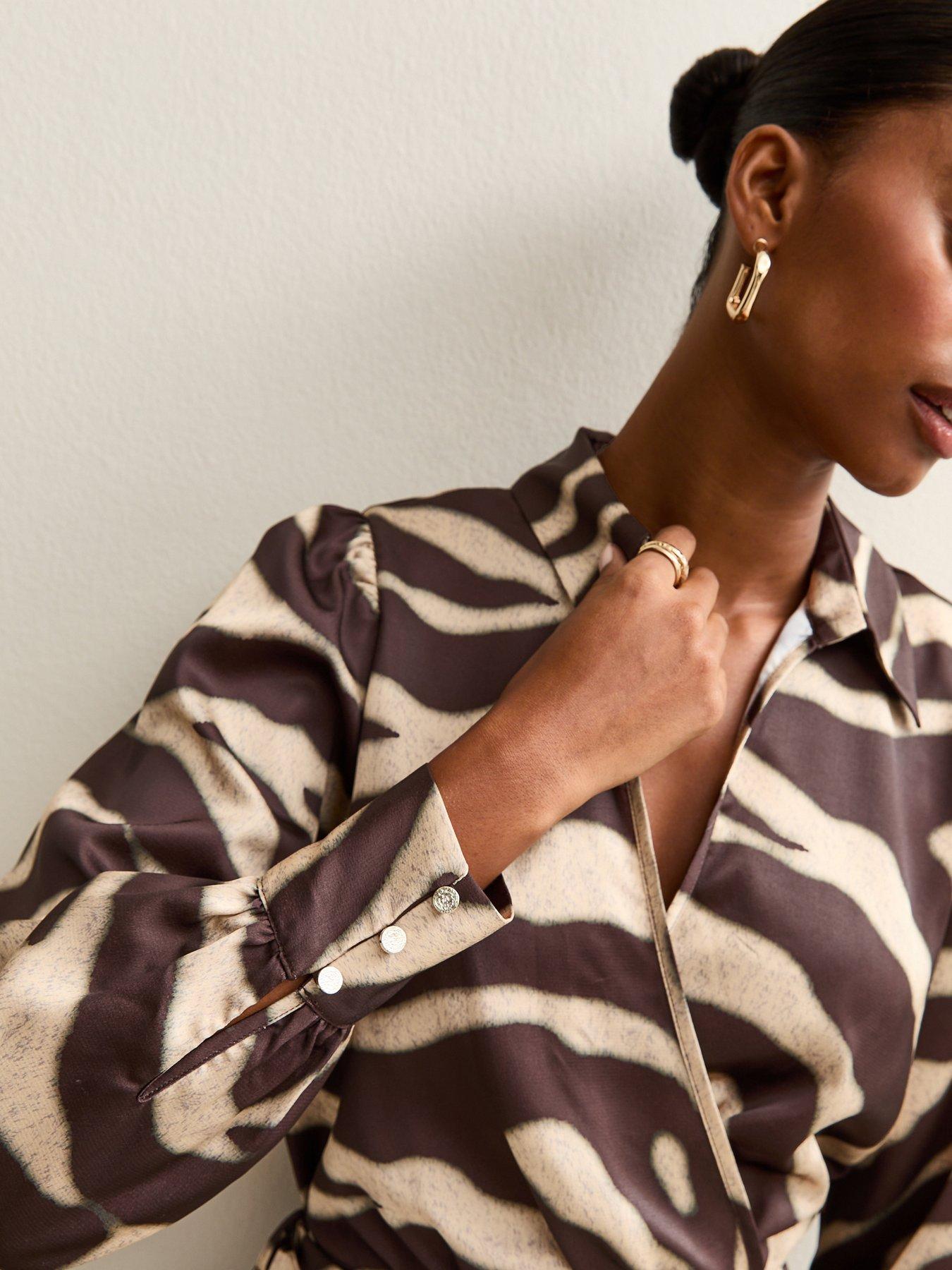  image of new-look-zebra-print-satin-wrap-midi-dress-brown