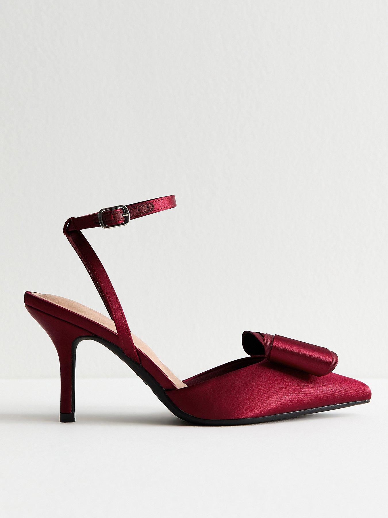 Image 1 of 6 of New Look Light Burgundy Satin Bow Embellished Stiletto Heels