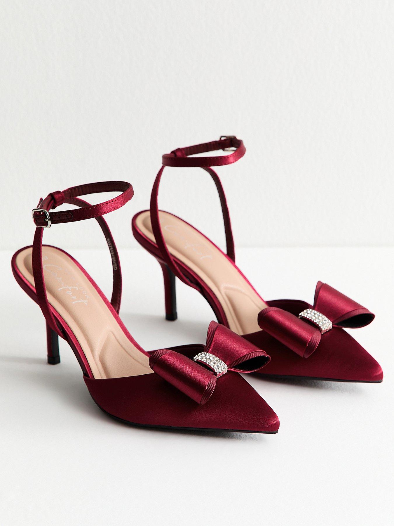 Image 2 of 6 of New Look Light Burgundy Satin Bow Embellished Stiletto Heels