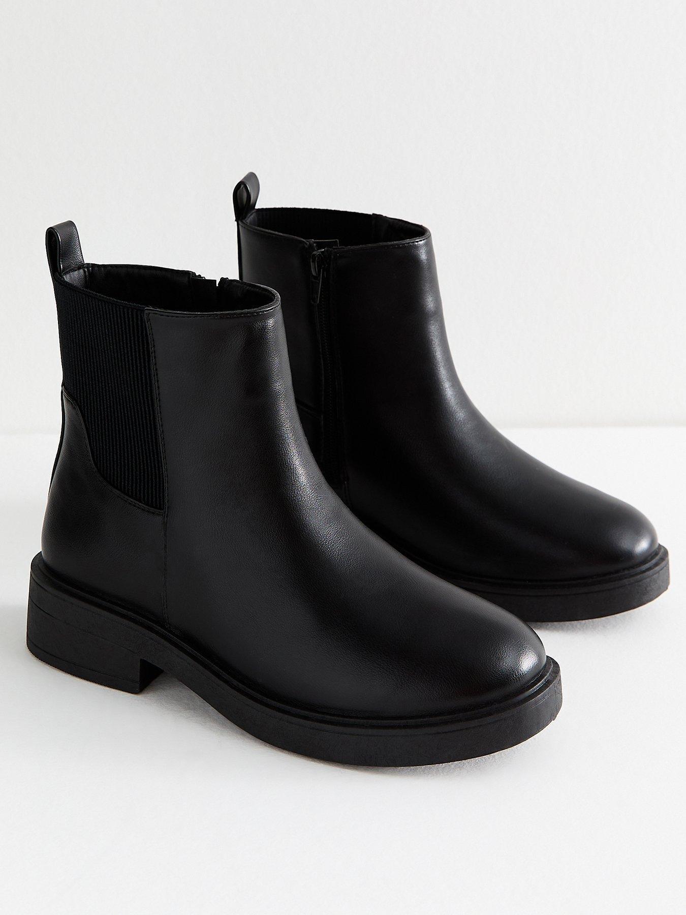  image of new-look-wide-fit-black-faux-leather-chunky-sole-chelsea-ankle-boots