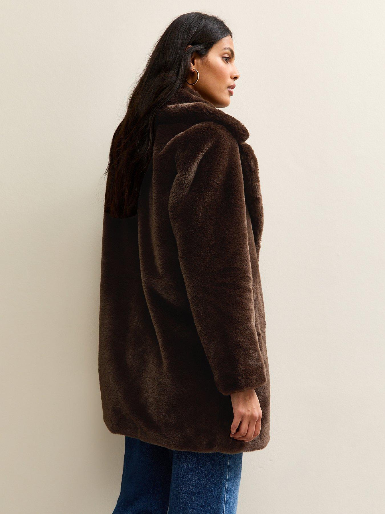  image of new-look-faux-fur-midi-coat-brown