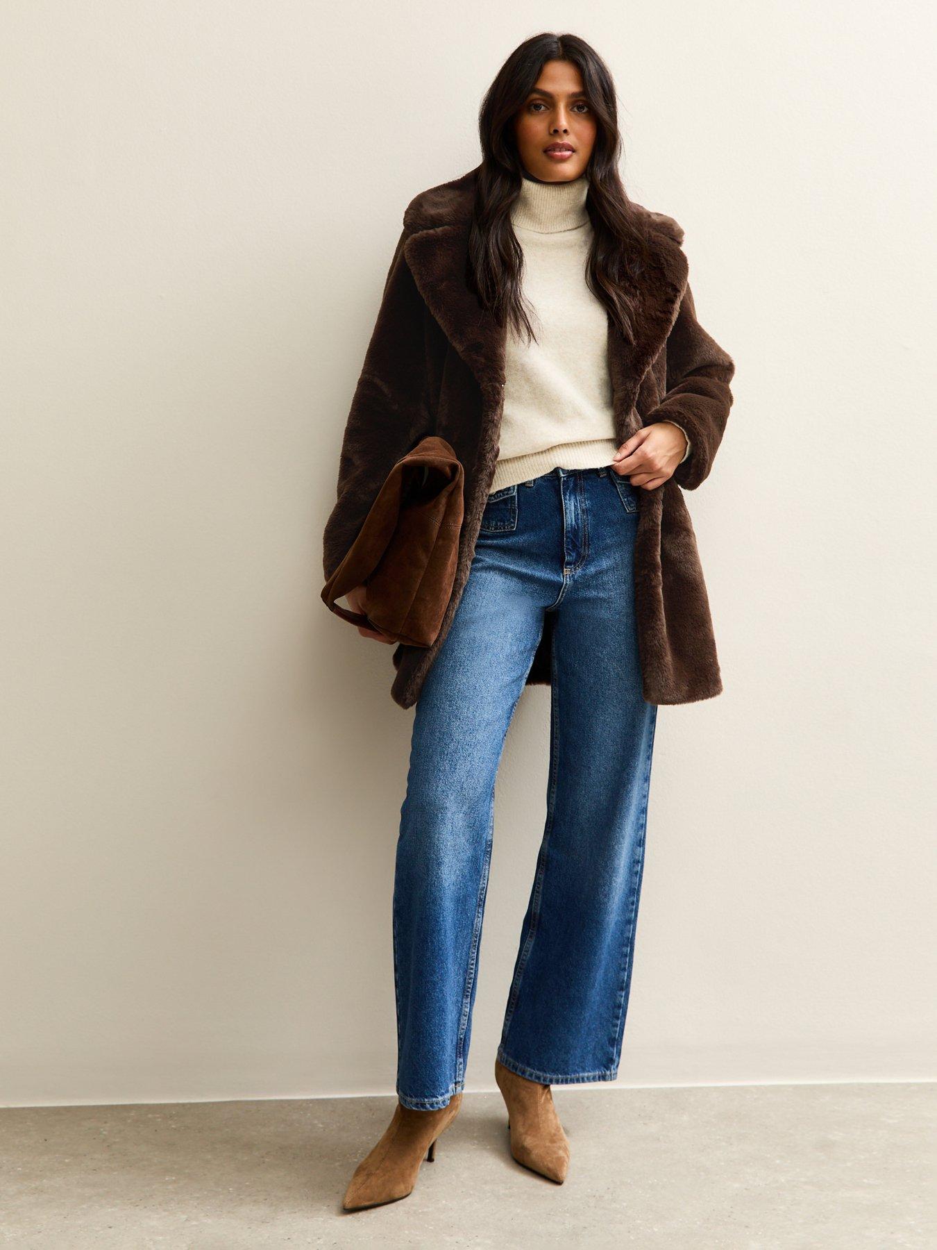  image of new-look-faux-fur-midi-coat-brown