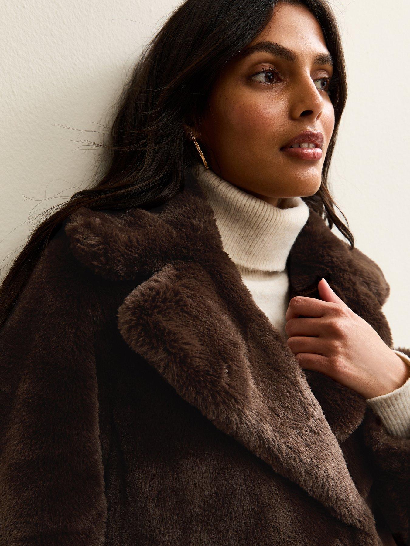  image of new-look-faux-fur-midi-coat-brown