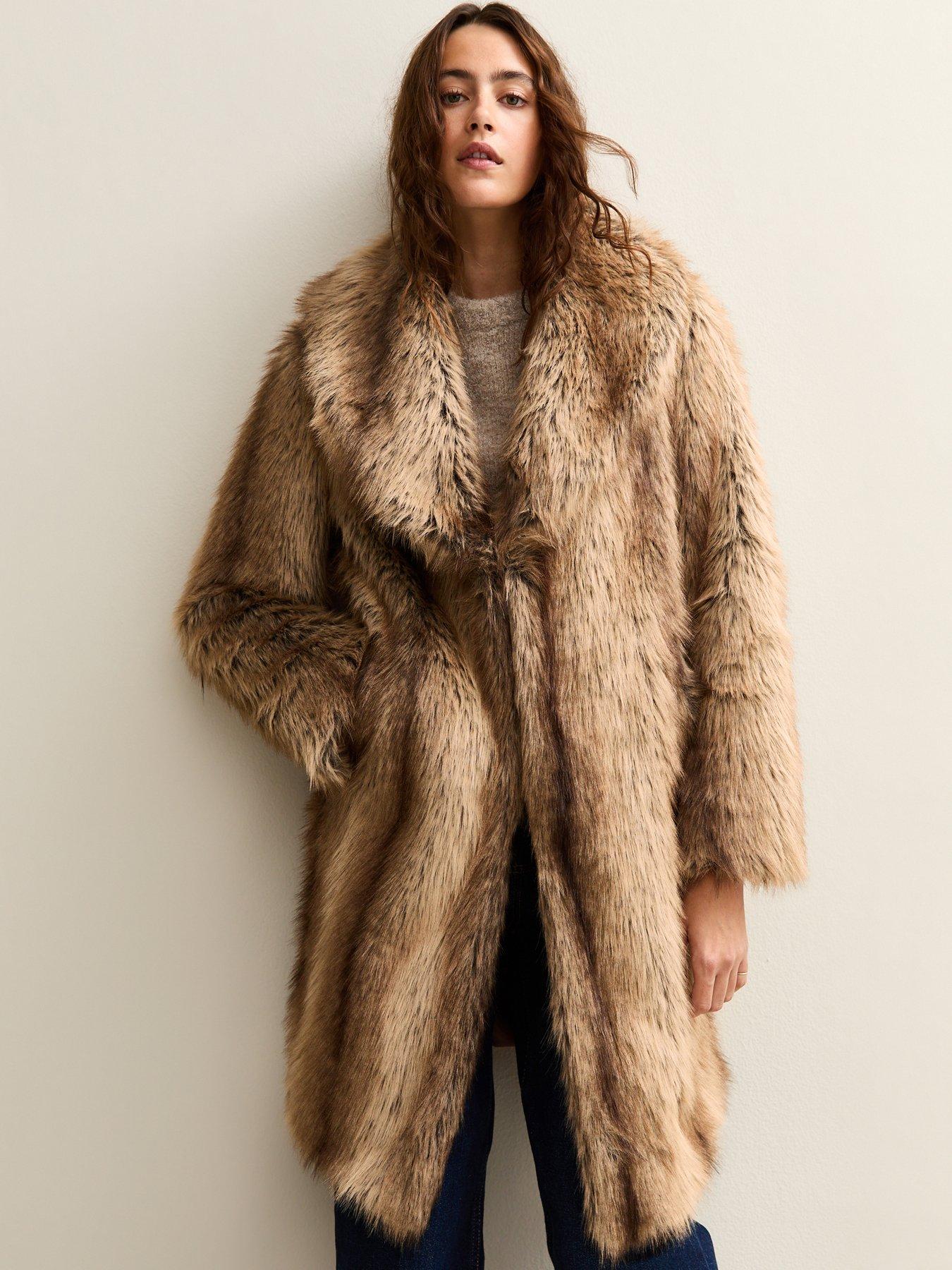  image of new-look-brown-faux-fur-shawl-collar-mid-coat