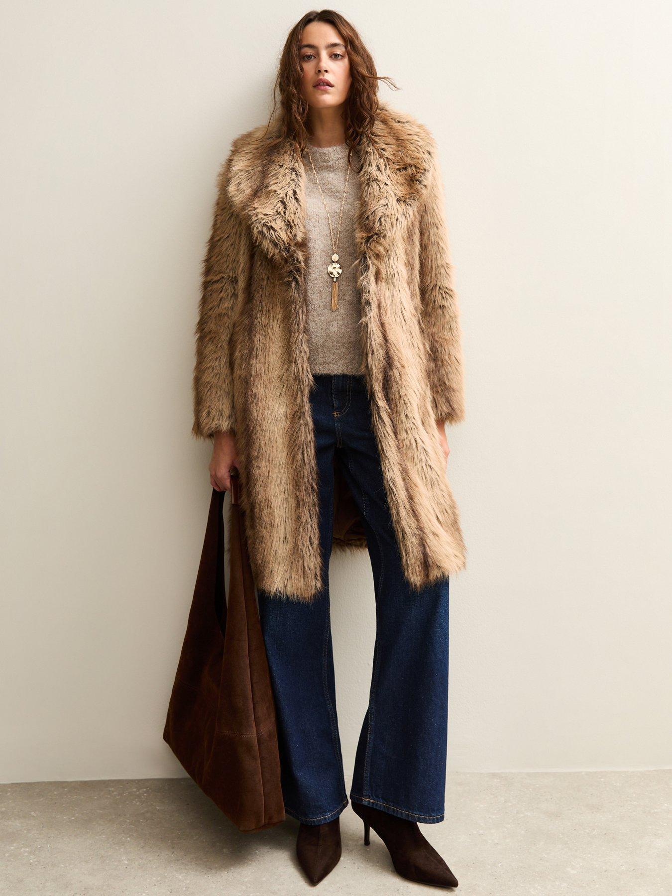  image of new-look-brown-faux-fur-shawl-collar-mid-coat