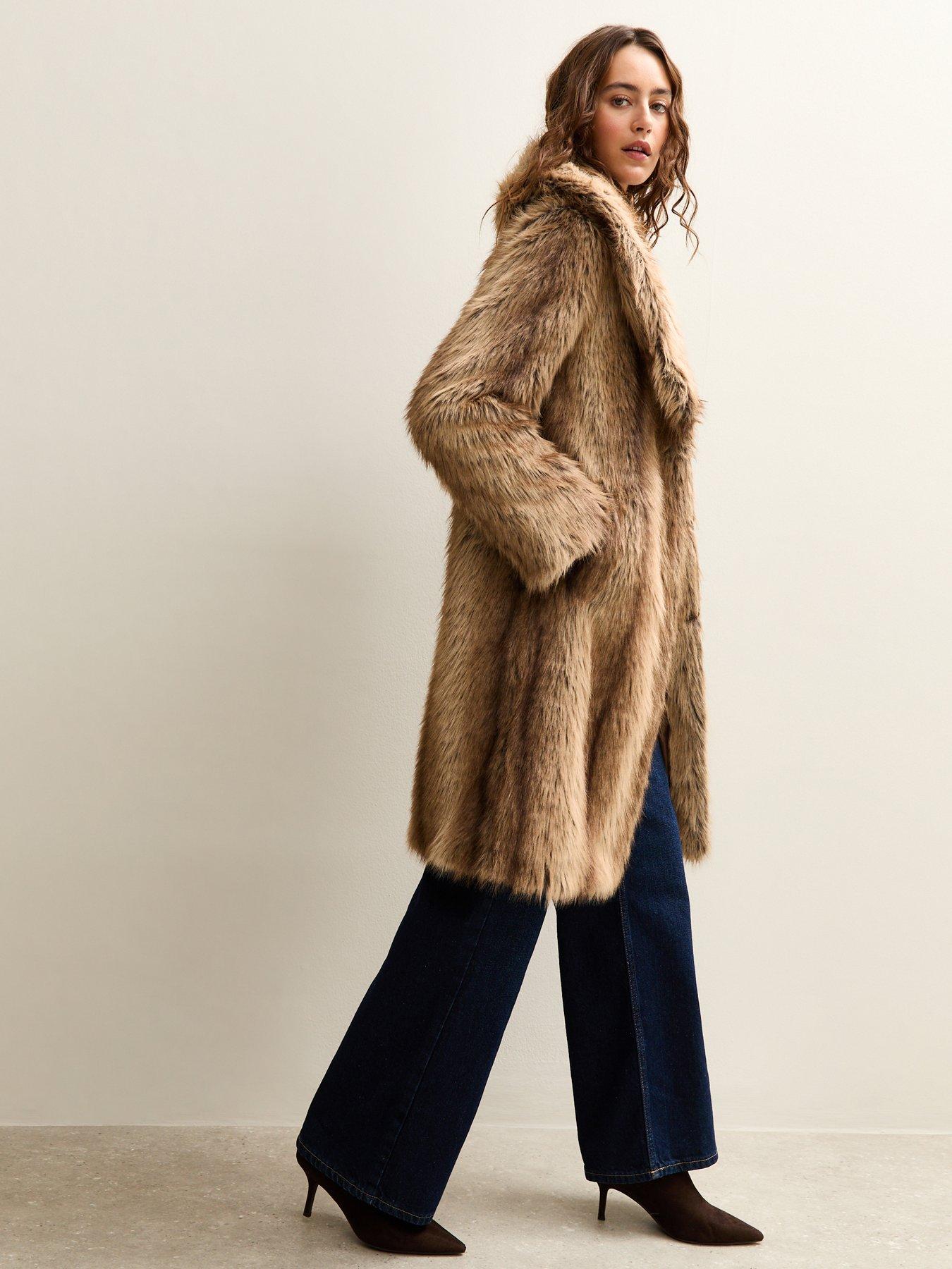  image of new-look-brown-faux-fur-shawl-collar-mid-coat
