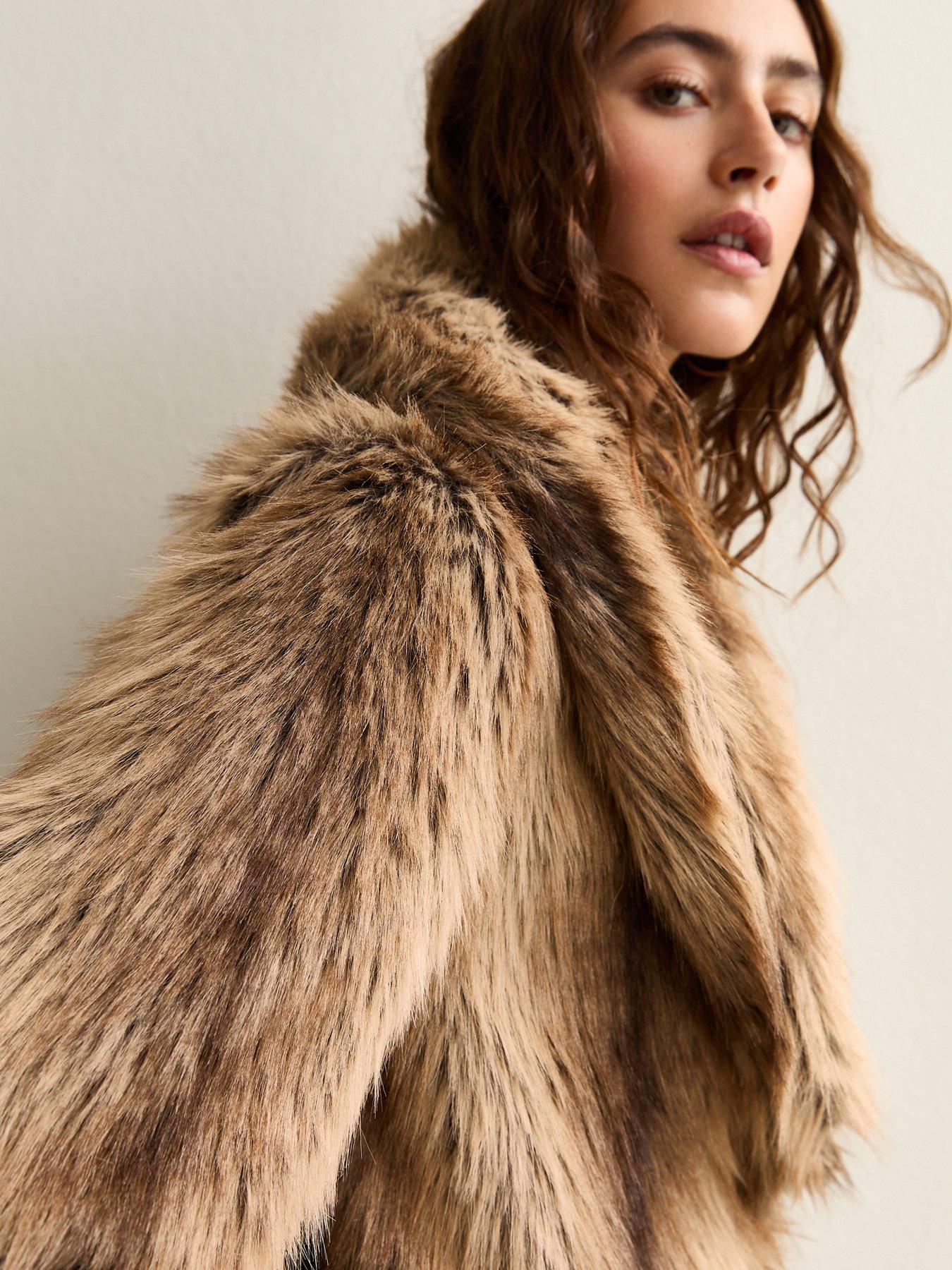  image of new-look-brown-faux-fur-shawl-collar-mid-coat