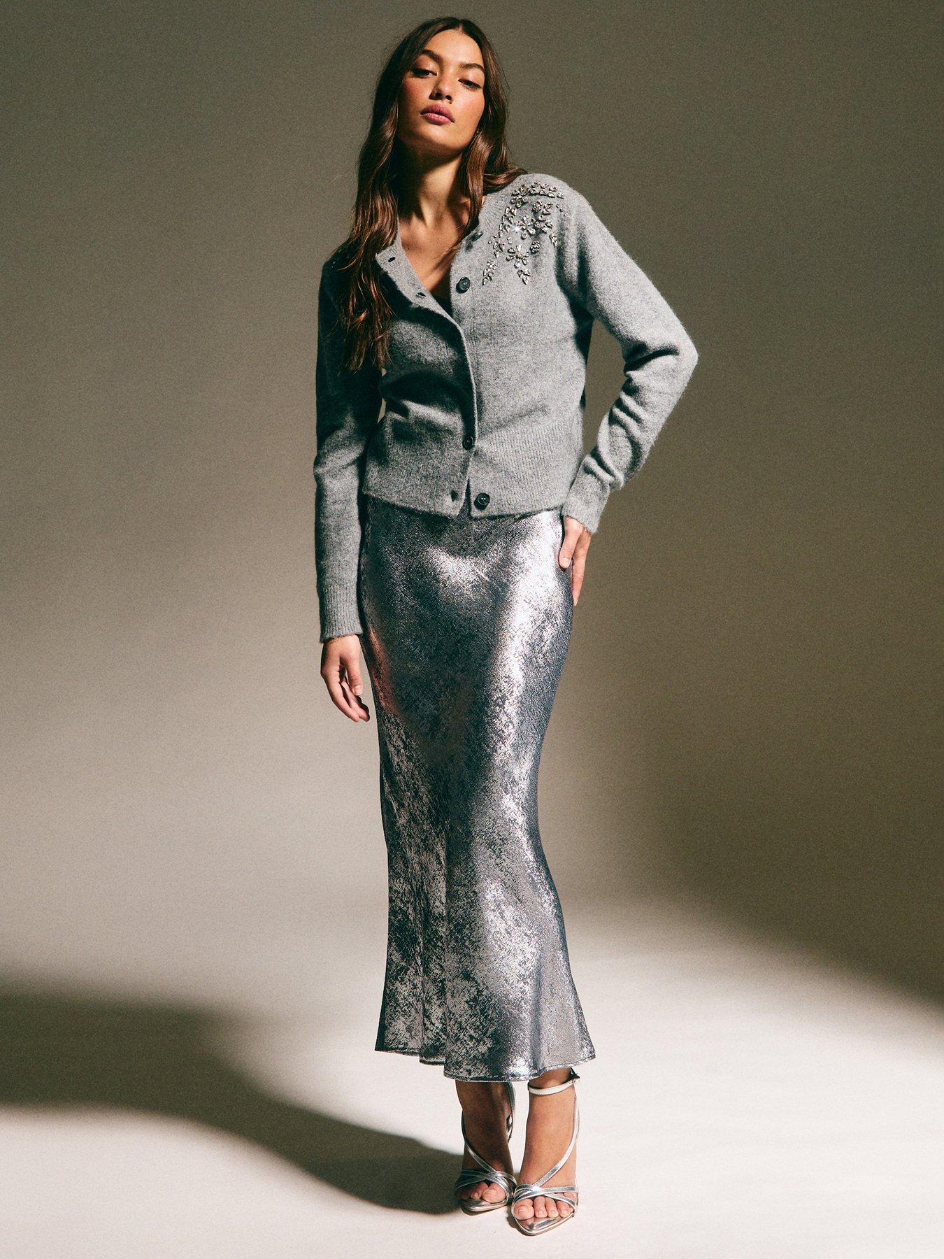 New Look Metallic Bias Cut Midi Skirt - Silver