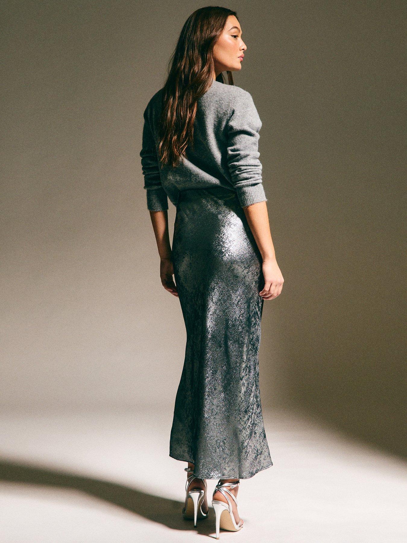 Image 2 of 5 of New Look Metallic Bias Cut Midi Skirt - Silver
