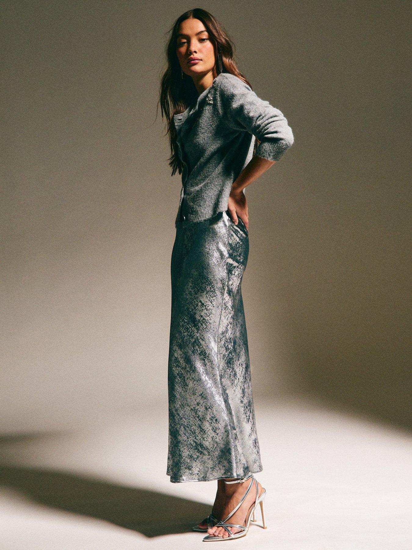 Image 3 of 5 of New Look Metallic Bias Cut Midi Skirt - Silver