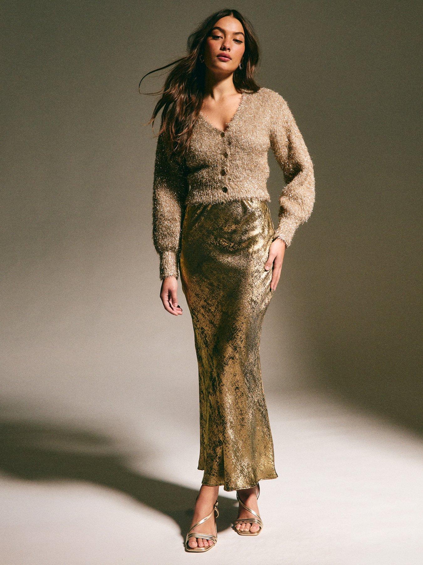 New Look Metallic Bias Cut Midi Skirt - Gold