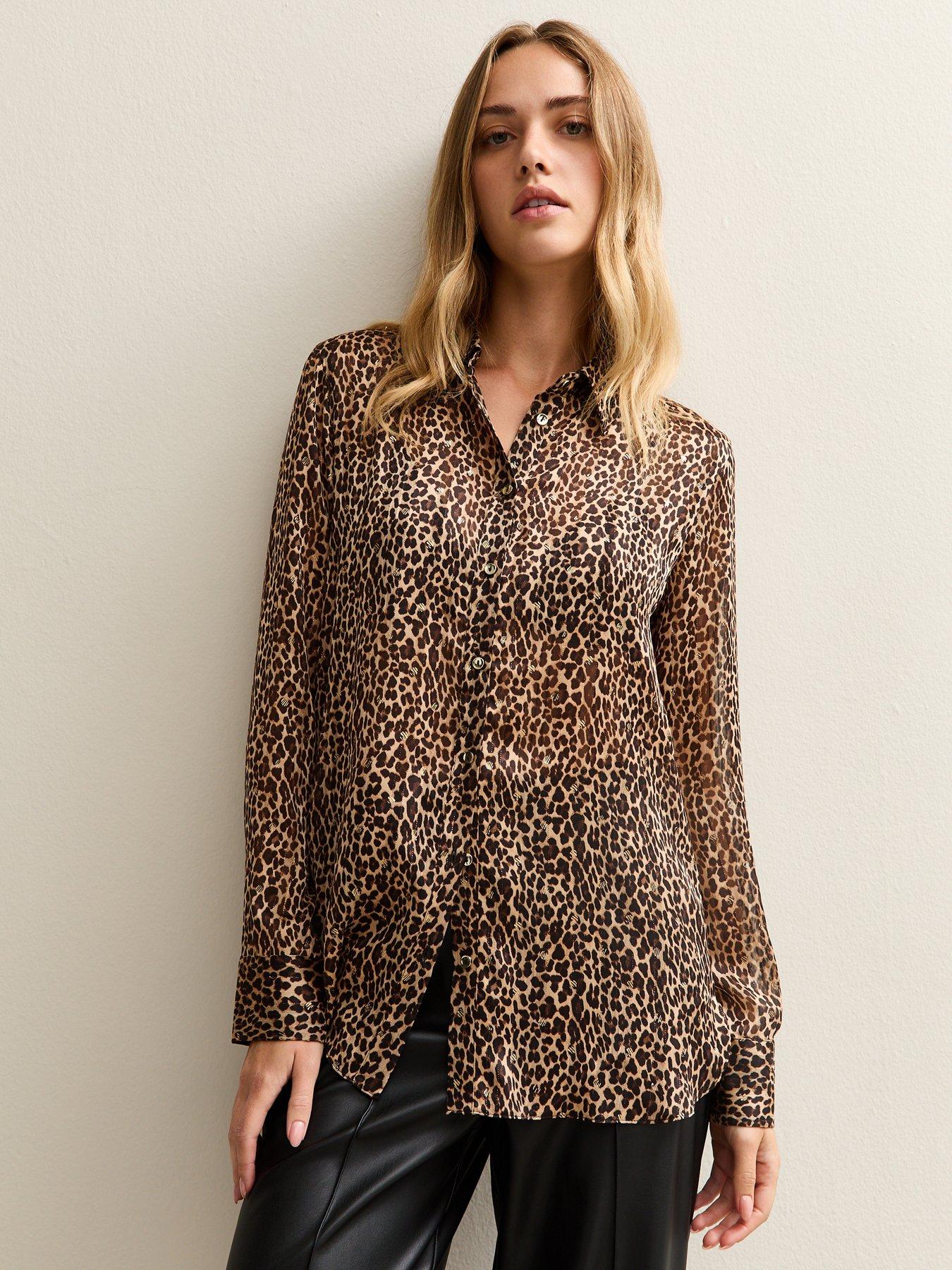  image of new-look-brown-animal-print-metallic-thread-shirt