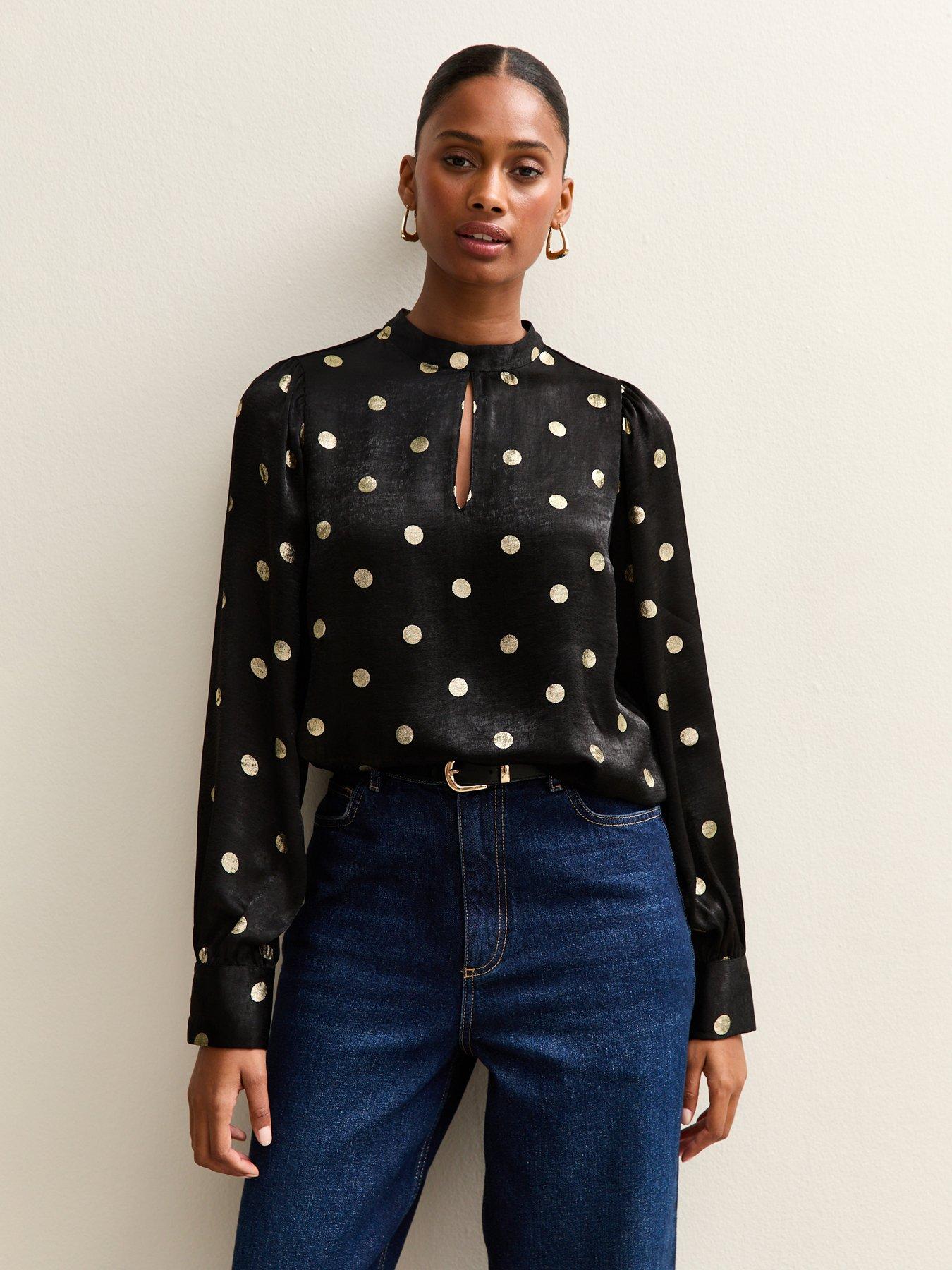 new-look-foiled-polka-dot-keyhole-neck-blouse-black